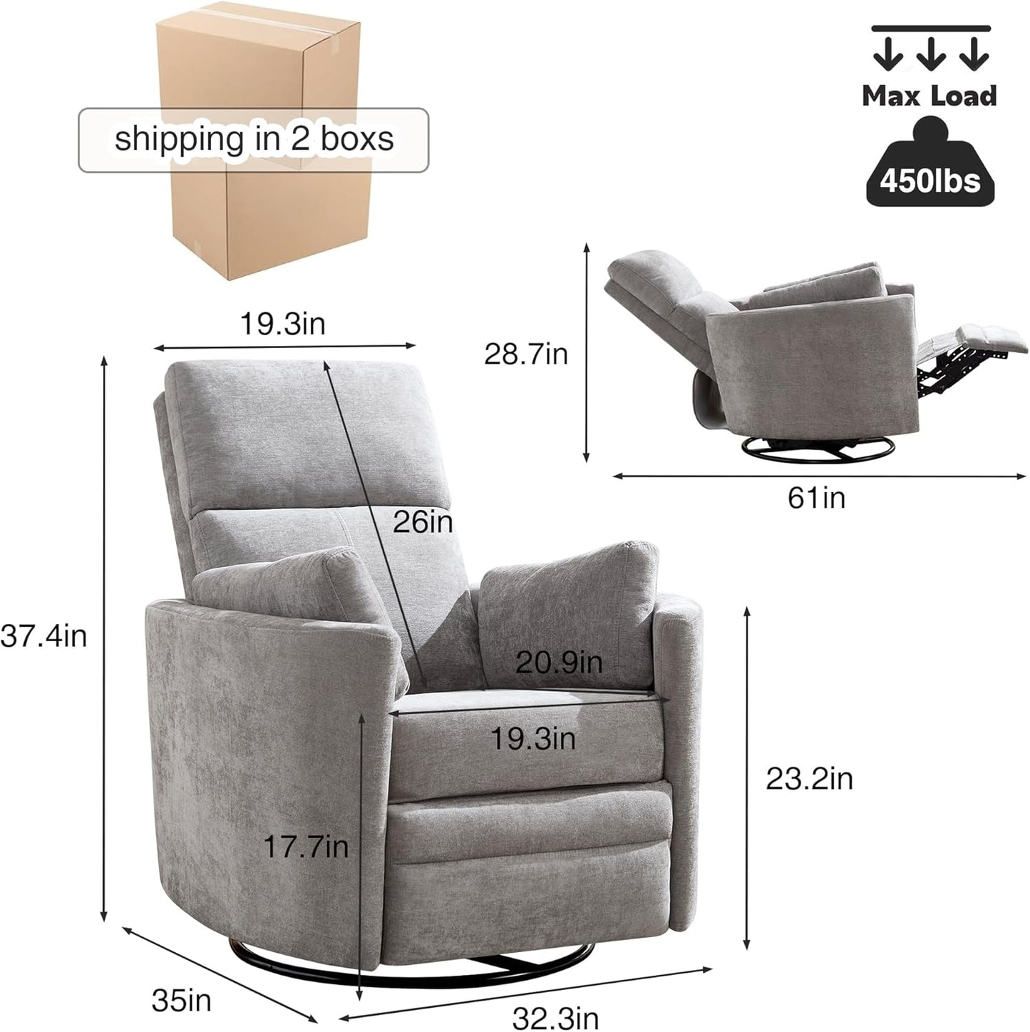 Recliner Swivel Rocking Glider Chair, Upholstered Nursery Adult Recliner Rocking Chair with 2 Pillows for Living Room Bedroom(LIGHTGREY, Manual Operation)
