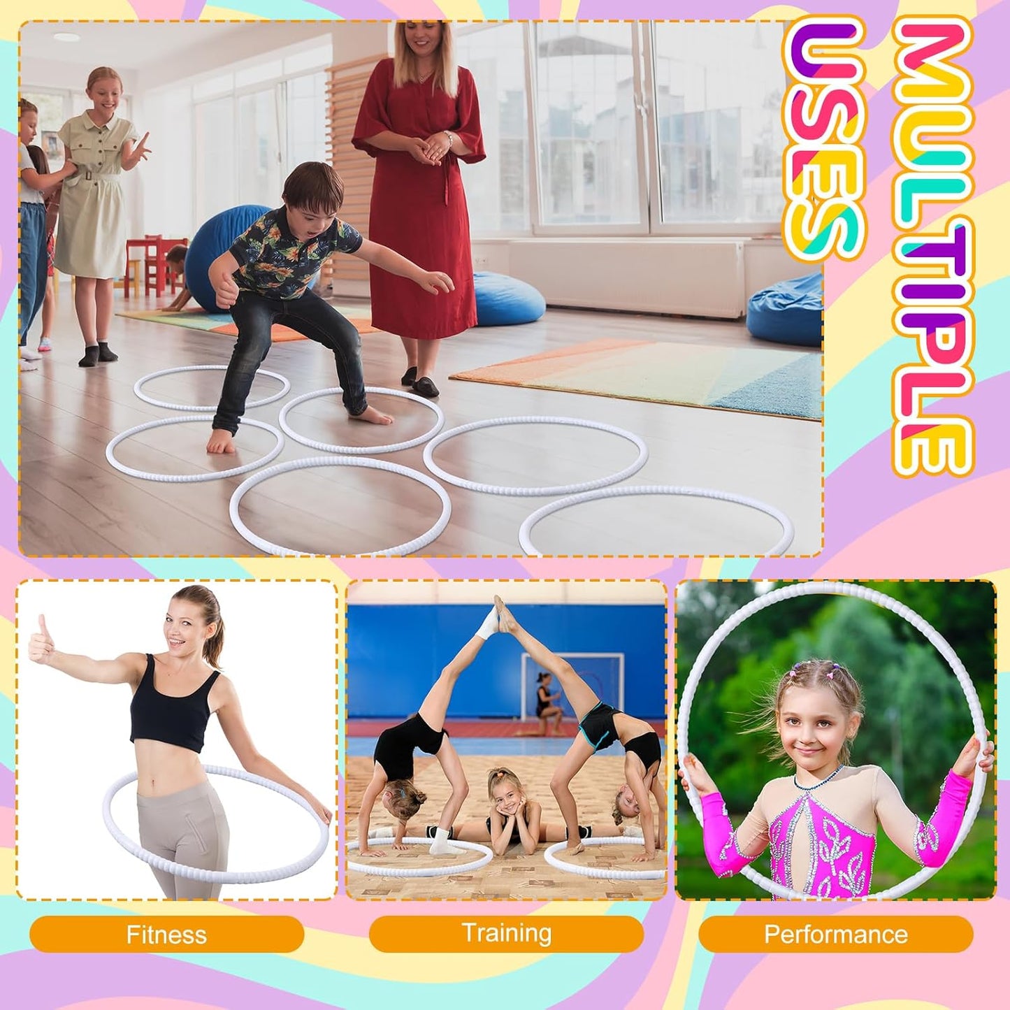 Shappy 6 Pcs Exercise Hoop Detachable Adjustable Plastic Toy Playground Toys Colored Hoop Circles for Teens Games Gymnastics Dog Agility Equipment Party Decor