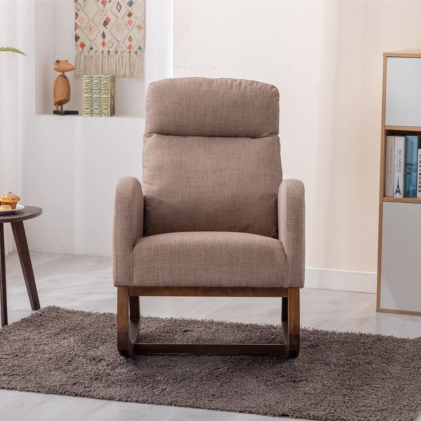 Dolonm Nursery Rocking Chair for Living Room, Upholstered Mid-Century Modern Nursery Rocking Armchair Tall Back Accent Glider Rocker, Camel