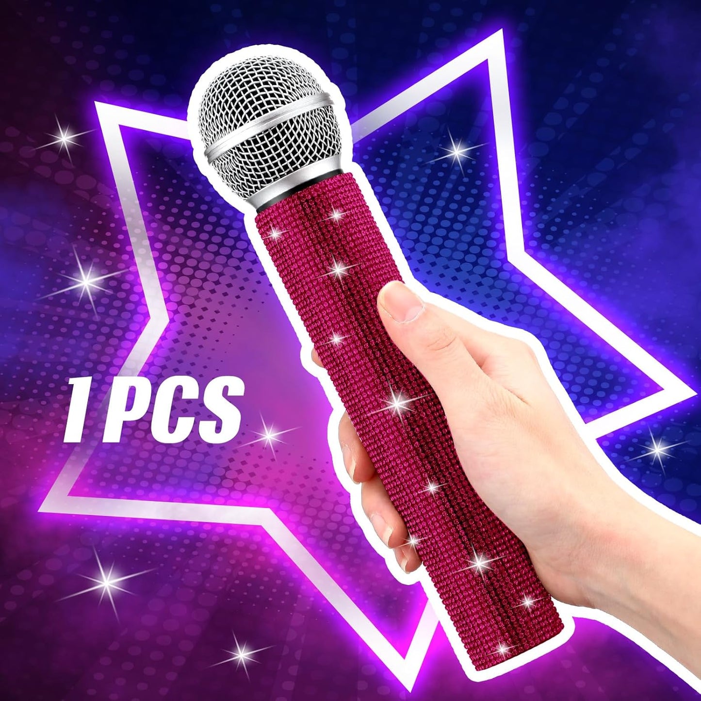 Sanwuta Fake Microphone Prop Sparkly Bling Rhinestones Plastic Play Microphone Pretend Glitter Bedazzled Mic for Cosplay Party Costume(Dark Pink)