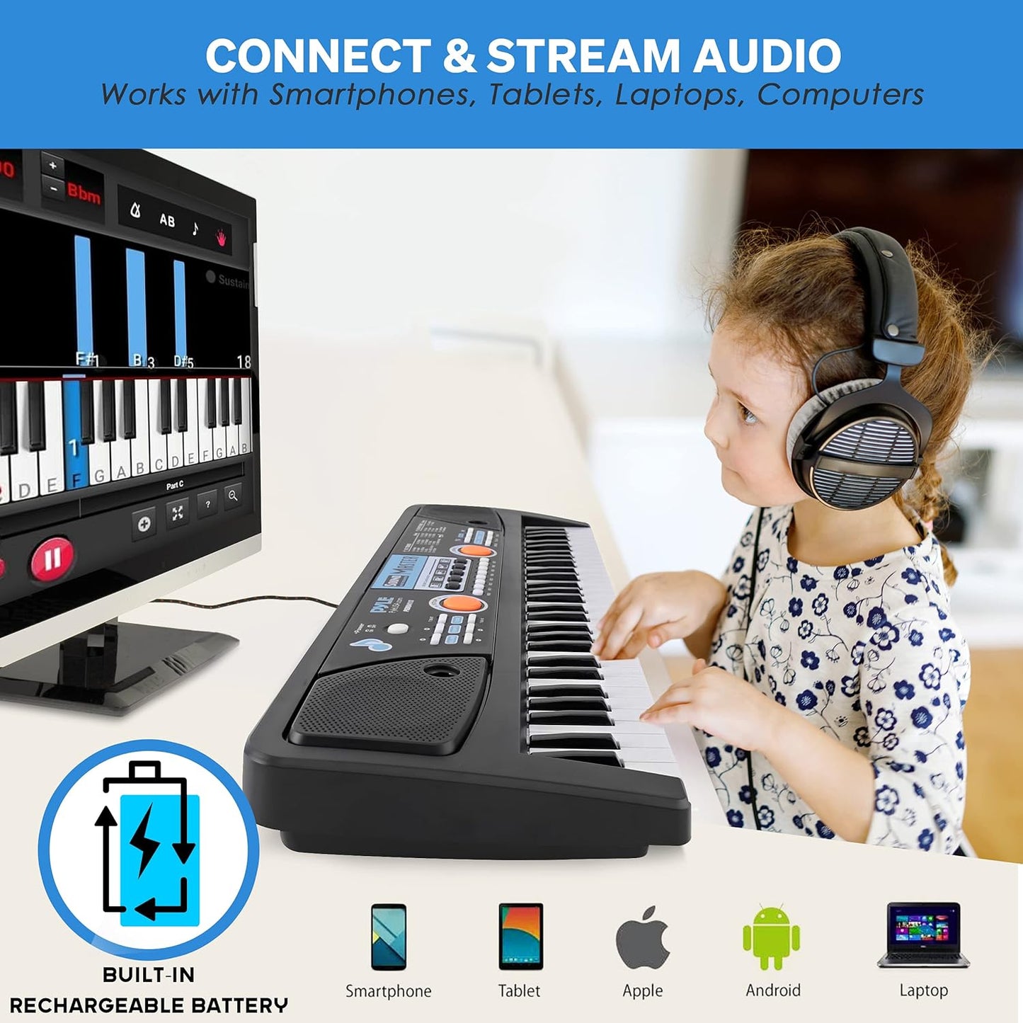 Pyle Electric Keyboard Piano - 49-Key Portable Digital Karaoke Piano with Stereo Speakers, Rechargeable Battery, and Wired Microphone for Beginners, Kids, Adults - 8 Rhythms, 16 Tones