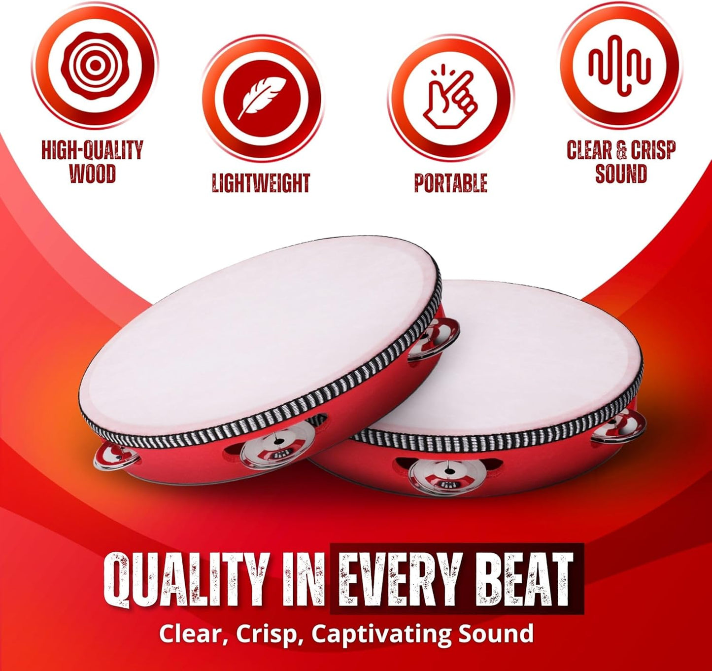 Flexzion Wood Handheld Tambourine 8" Inch Single Row 5 Pair Jingles (2 Pack, Red) - Hand Held Percussion Drum Moon Musical Tambourine with Ergonomic Handle Grip