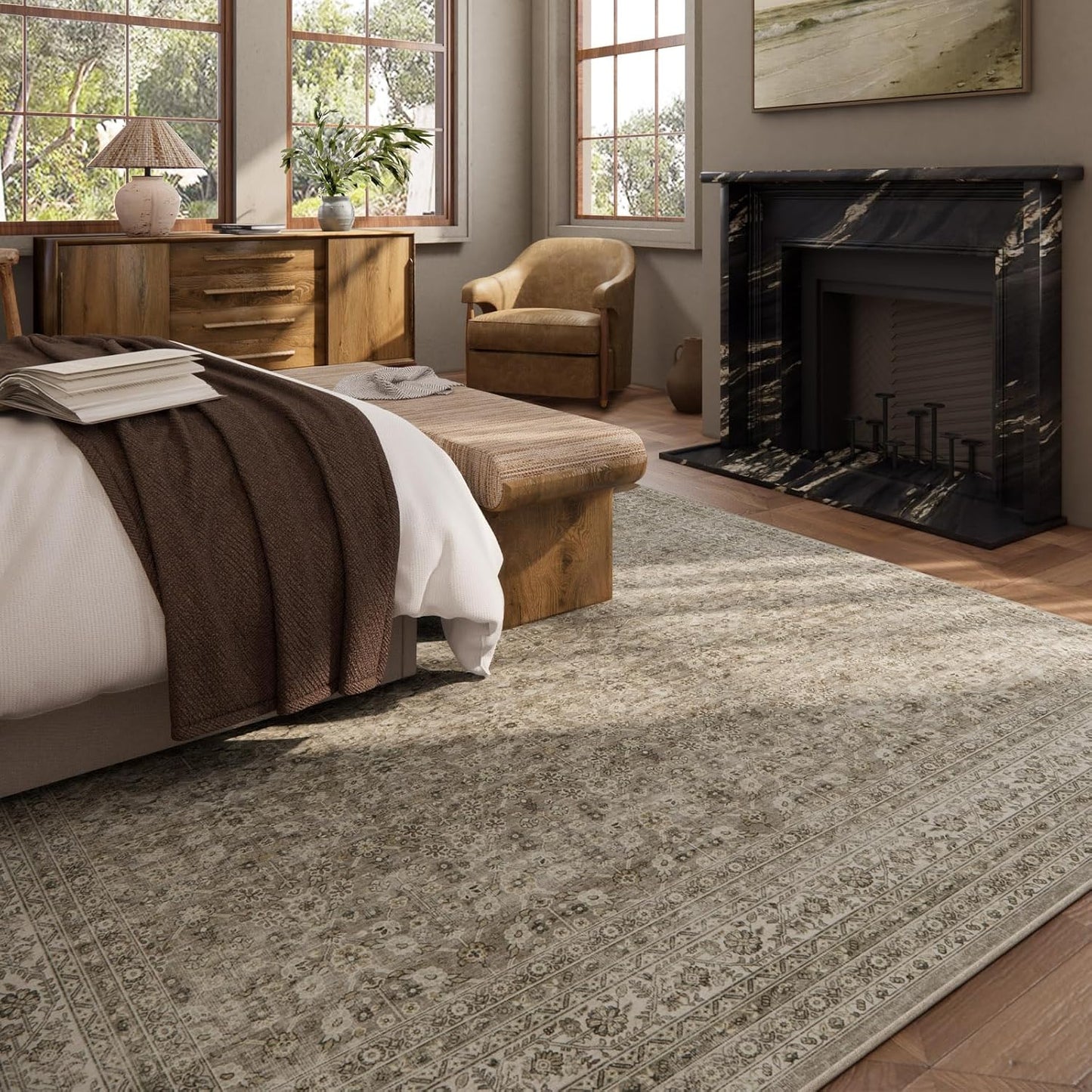 Washable Area Rugs for Living Room: 9x12 Bedroom Rug Vintage Large Rugs Stain Resistant Non Slip Low Pile Soft Lightweight Carpet for Kitchen Dining Room Farmhouse Nursery Kids Room
