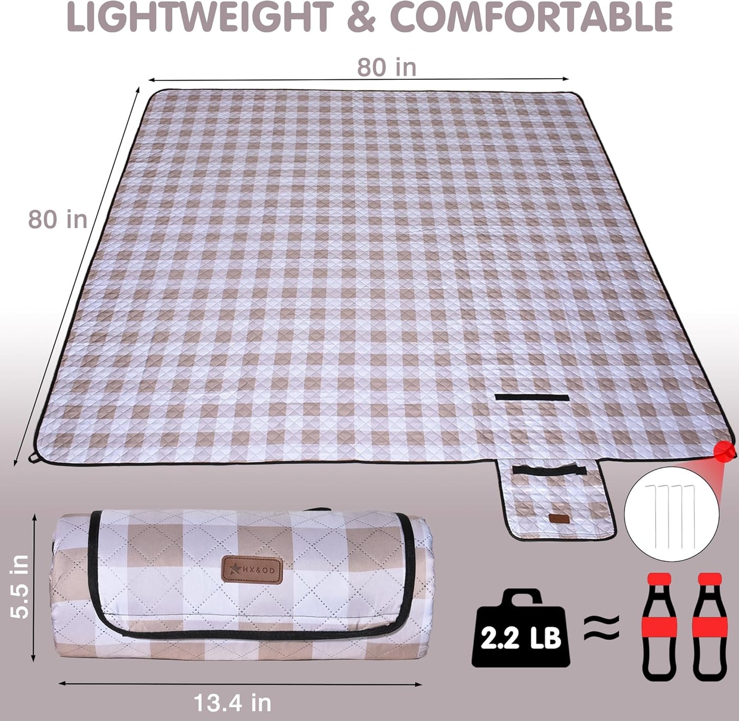 HX&OD Outdoor Picnic Blanket, Extra Large, 80''x80'' Waterproof Foldable Blankets Gingham Picnic Mat for Beach, Camping Grass Lawn Park Accessories Cute Couple Ideas Wedding (Light Brown, 80”x80”)