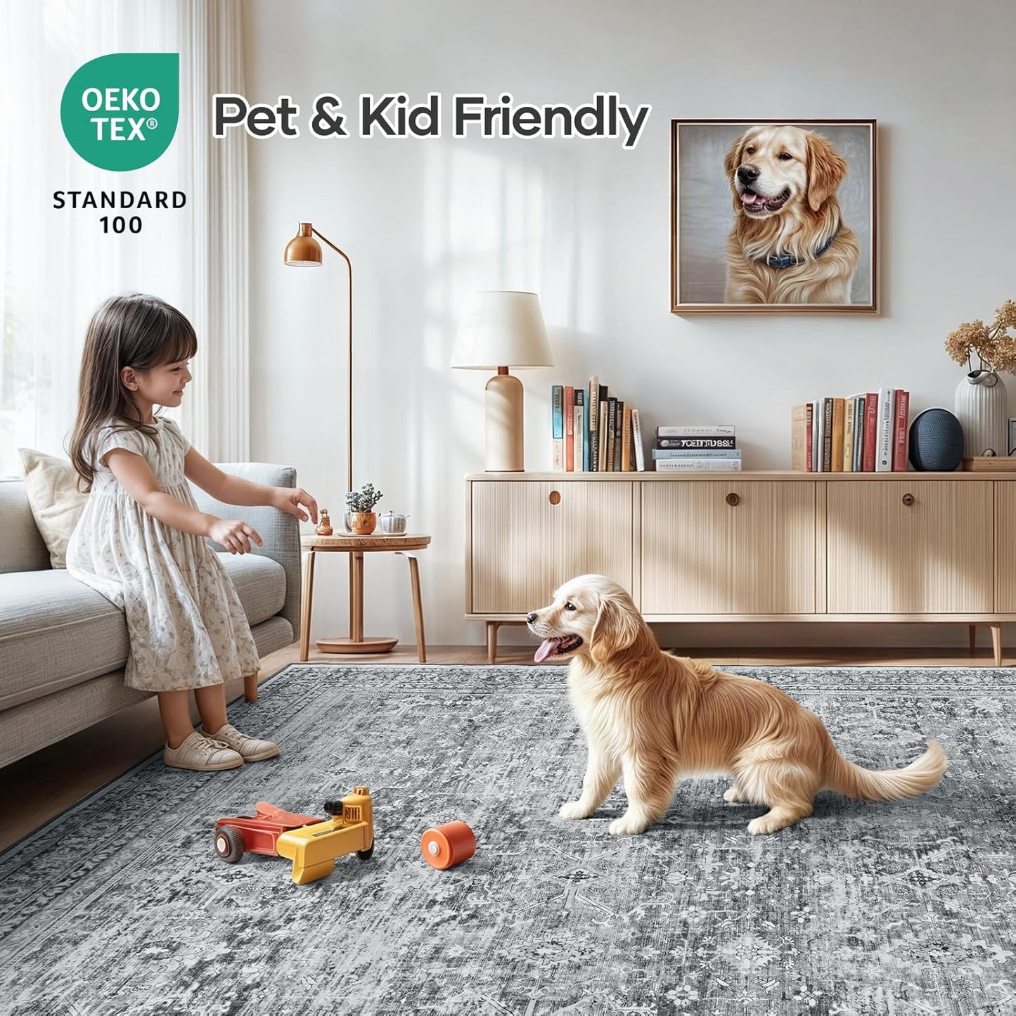 Lofus 8x10 Area Rug for Living Room,Grey Washable Large Rugs with Non-Slip Backing,Soft Neutral Carpets for Bedroom Dining Room Home Office Indoor Nursery
