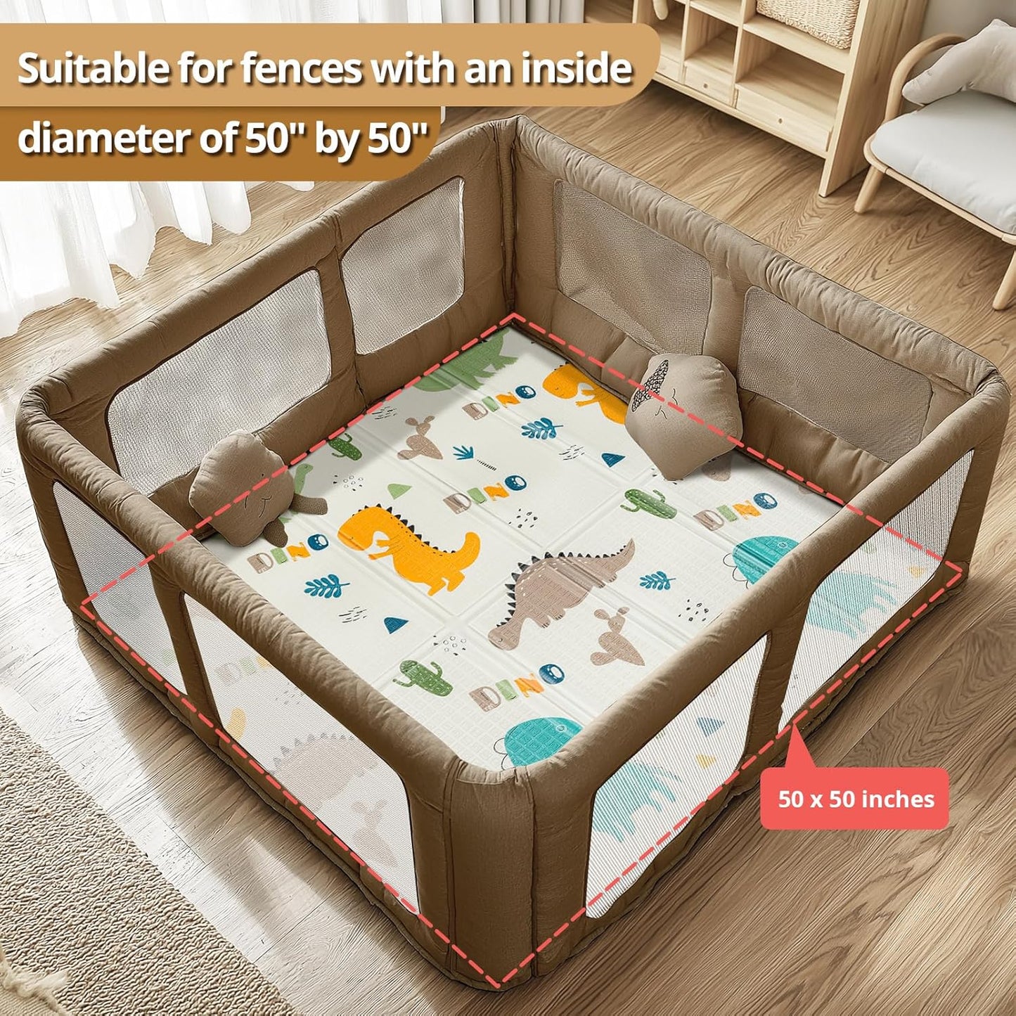 Foldable Baby Play Mat, PIGLOG 0.6in Thick Waterproof Playmats for Babies and Toddlers Kids, Safe Foam Playmat for Tummy Time, 50x50 Playpen Mat, Reversible Portable Floor Mat for Infant, Dinosaur