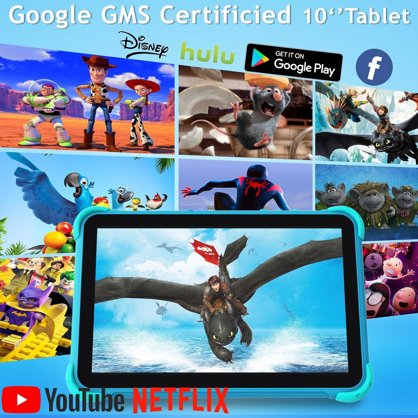 YINOCHE Kids Tablet 10 inch Tablet for Kids 5G WiFi Toddler Tablets with Case Parental Control Dual Camera 32GB Kids Tablets Educational App Preloaded Support YouTube Neflix (Blue)