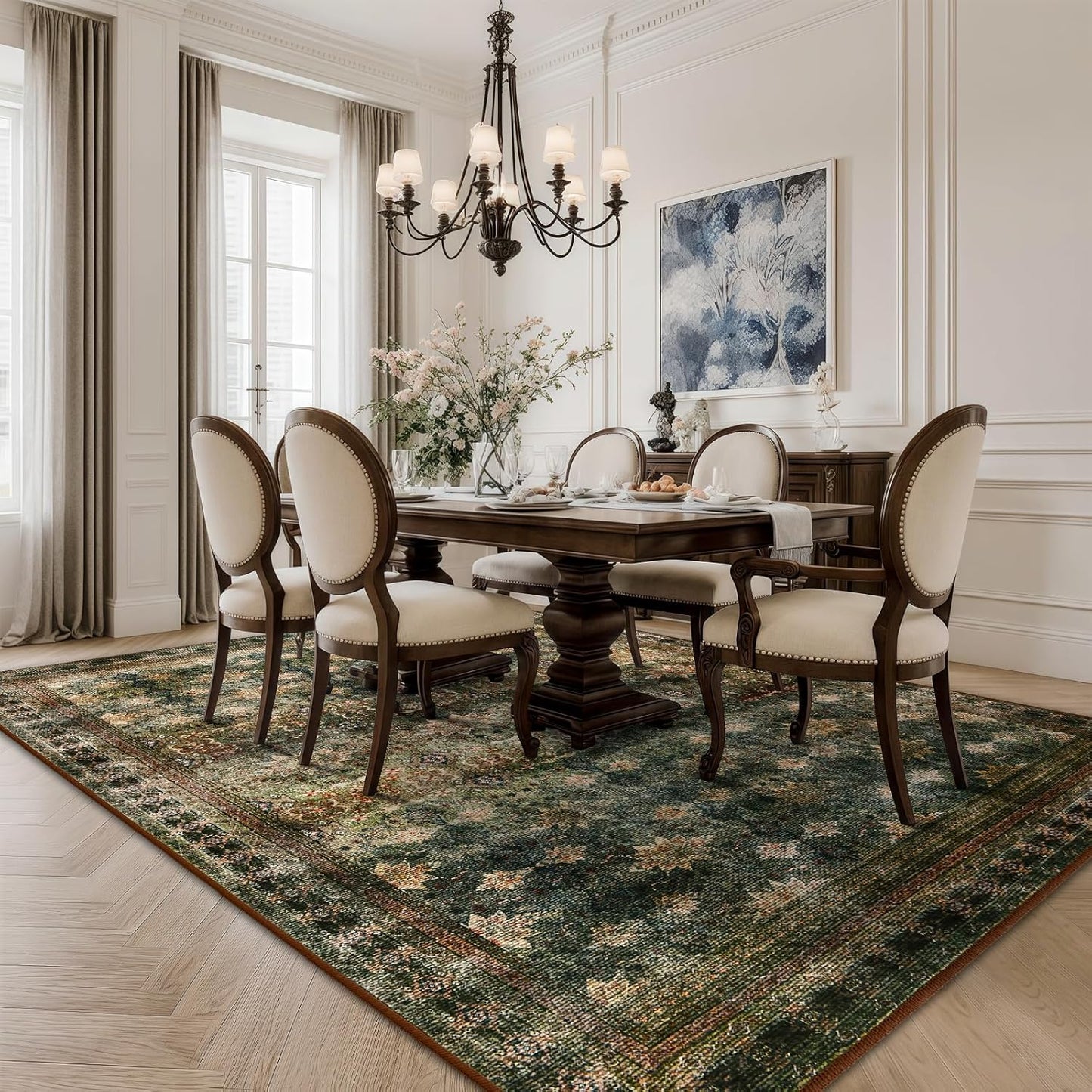 5x7 Washable Area Rug for Living Room Rustic, Non Slip Vintage Floral Bedroom Rugs Retro, Traditional Indoor Floor Carpet for Dining Room, Farmhouse, Office Classroom(Dark Green/Brown/Multi)