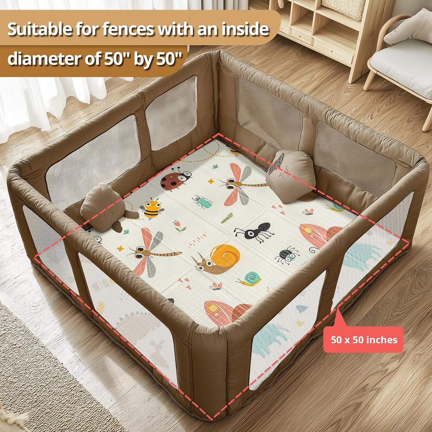 Foldable Baby Play Mat, PIGLOG 0.6in Thick Waterproof Playmats for Babies and Toddlers Kids, Safe Foam Playmat for Tummy Time, 50x50 Playpen Mat, Reversible Portable Floor Mat for Infant, Dragonfly