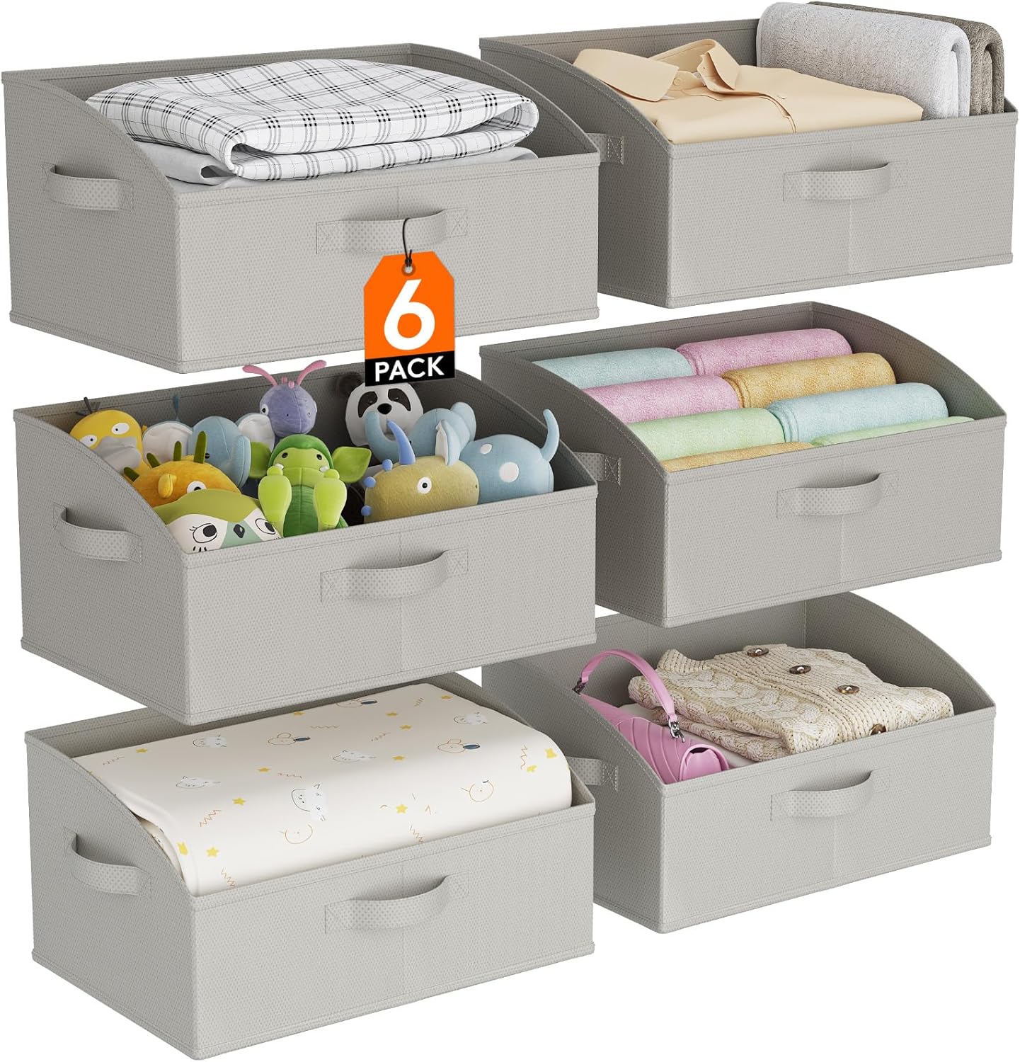 Lifewit Storage Baskets for Shelves, 6 Packs Non-woven Fabric Trapezoid Closet Organizer Bins with Handles, Foldable Clothing Containers Box for Clothes, Toy, Towel, Book, DVD, Hats, Medium-Light Grey