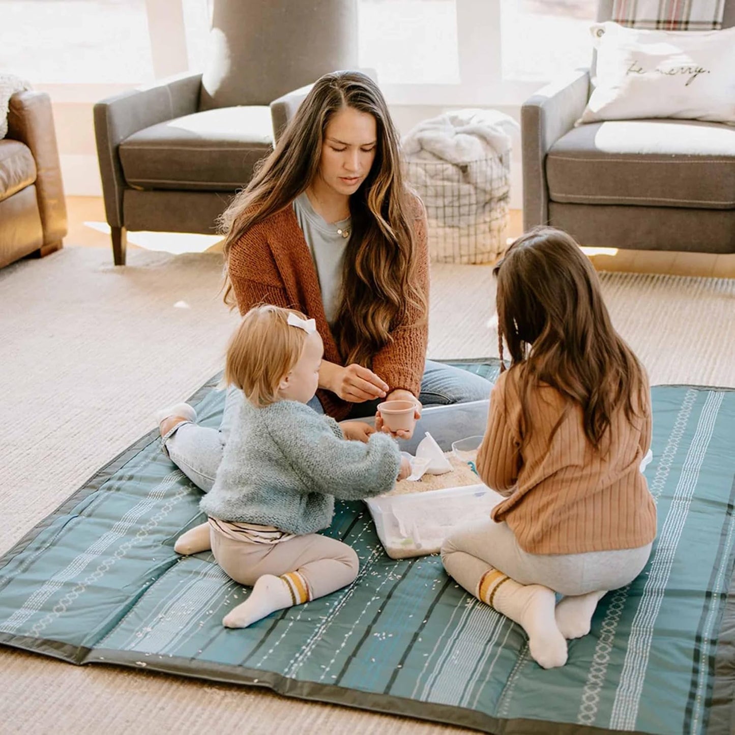 Little Unicorn 5'x5' Outdoor Family Picnic & Beach Blanket | Durable & Water-Resistant Fabric | Compact Fold & Easily Wipes Clean | Zipper Pocket (Shoreline Stripe)
