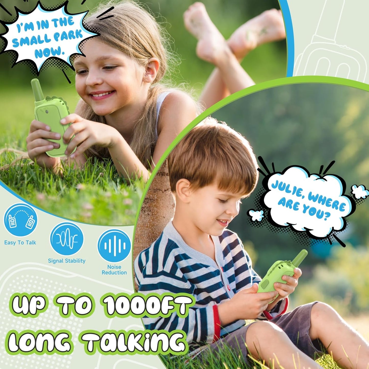 Green Walkie Talkies for Kids with Dinosaurs Silicone Sleeve, Toys for 3-6 Year Old Boys Girls, Kids Walkie Talkies Decent Range 2 Channels 2 Way RadioToy Gifts for 5-8 Year Old Boys Girls