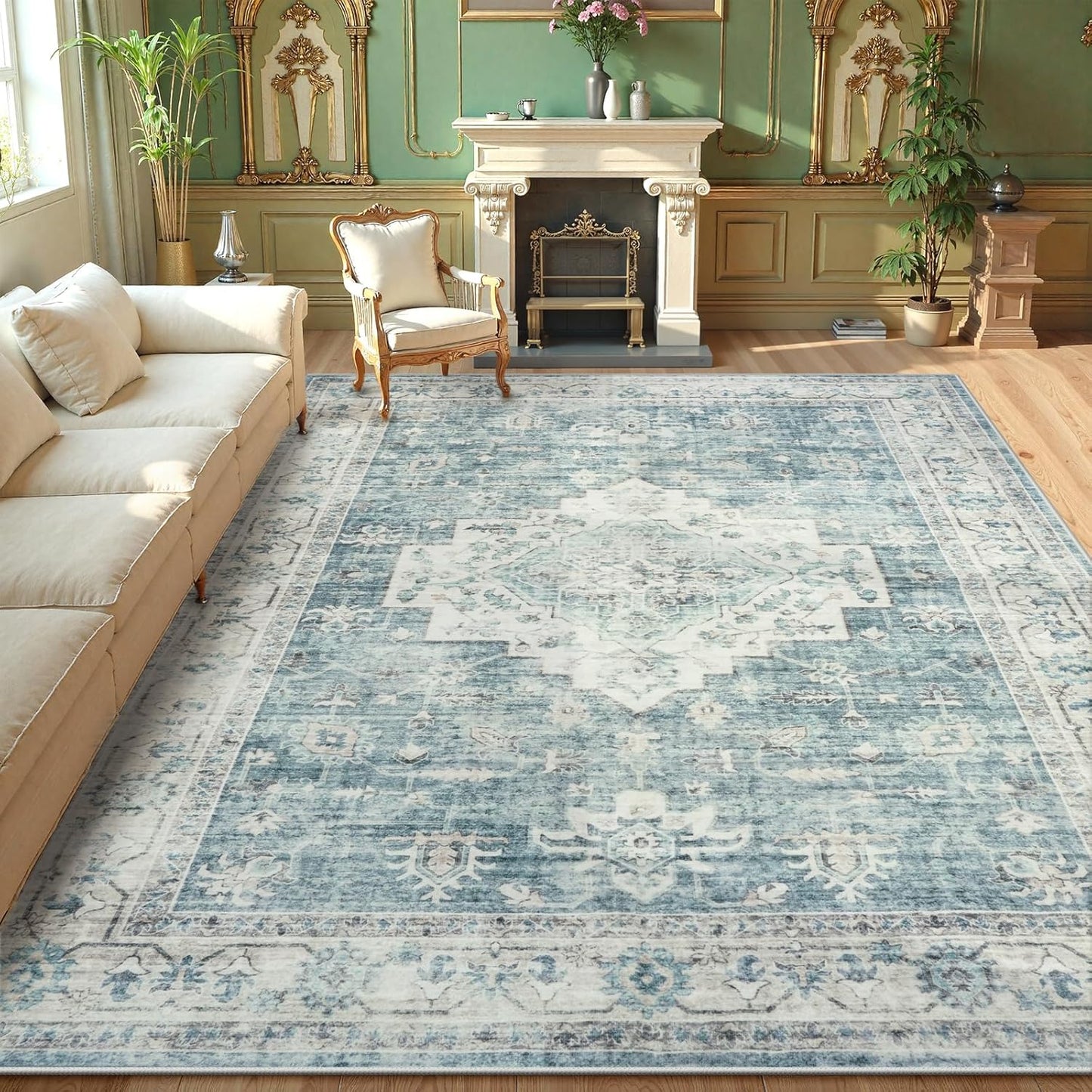 LIVEBOX Washable Area Rug 10x14 Rugs for Living Room Bedroom, Non-Slip Boho Indoor Carpet for Dining Room Office, Low-Pile Farmhouse Soft Carpets for Kids Nursery Room Playroom, Blue