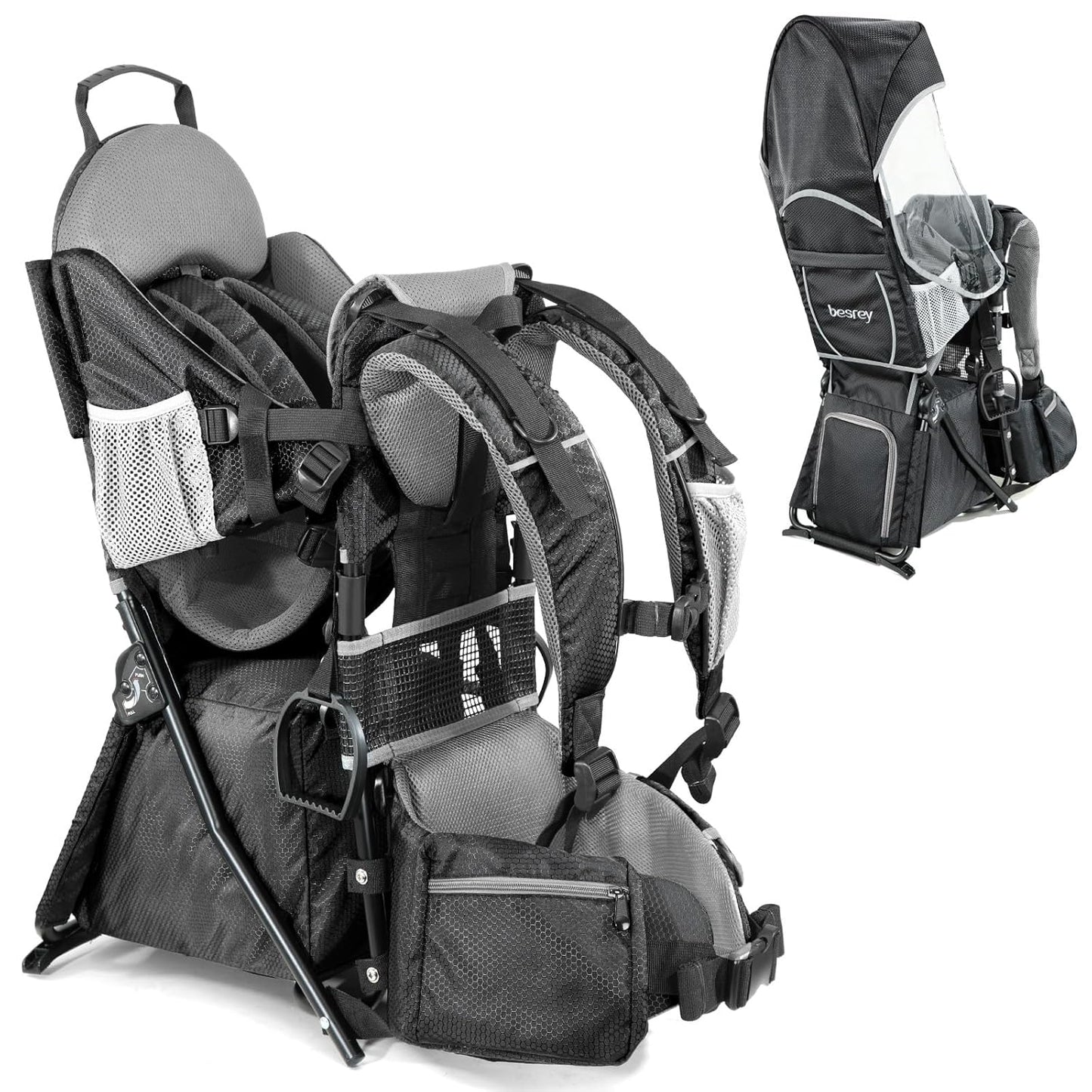 besrey Baby Backpack Carrier, Toddler Hiking Backpack with Safety 3-Height Seat, Adjustable Straps&Waist Belt, Foldable Frame Lightweight Large Capacity Child Carrier for Hiking (Black/Grey)