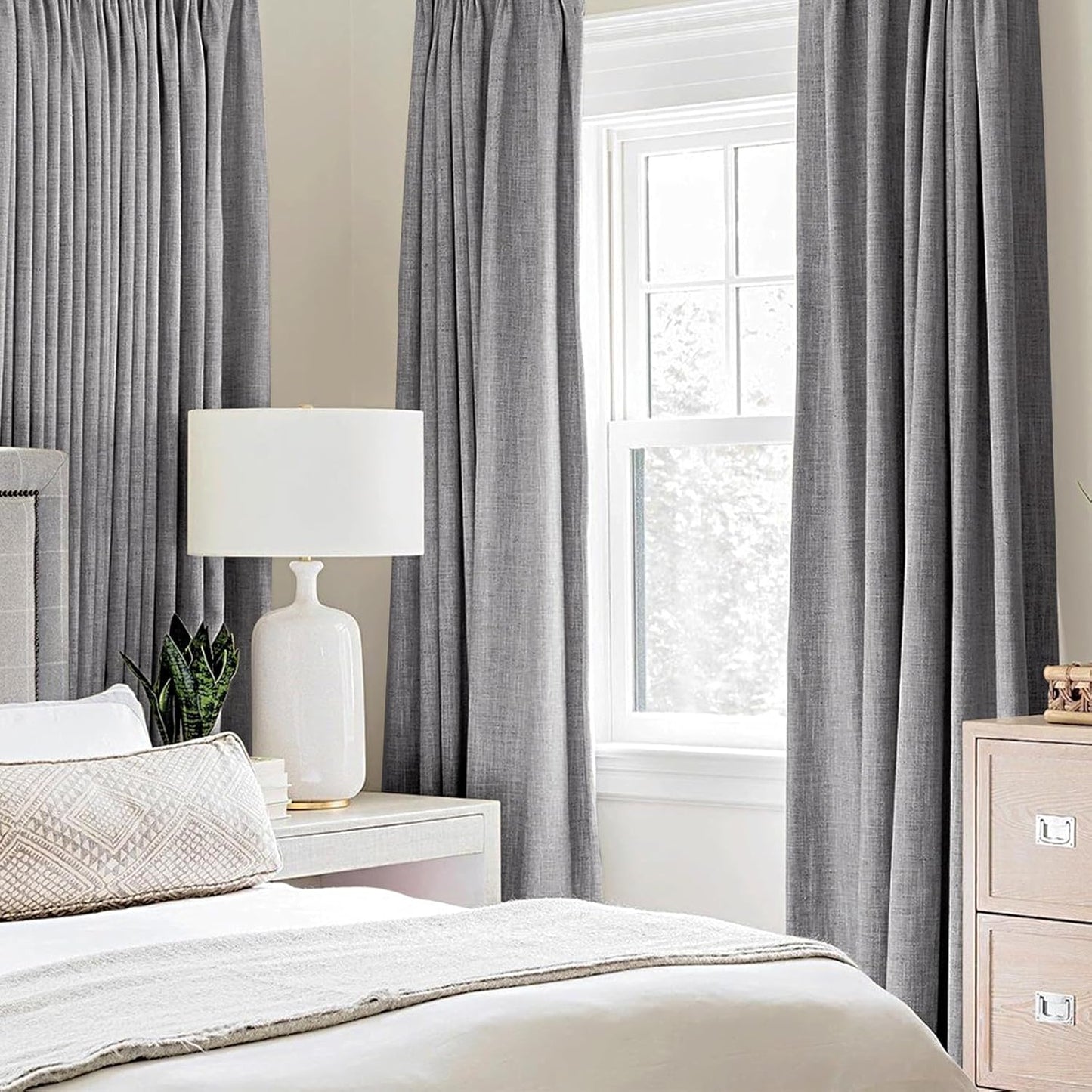 MIULEE Linen Texture Curtains for Bedroom Solid 100% Blackout Thermal Insulated Grey Curtains Grommet Room Darkening Drapes Luxury Decor for Living Room Nursery 52x45 Inch (2 Panels)