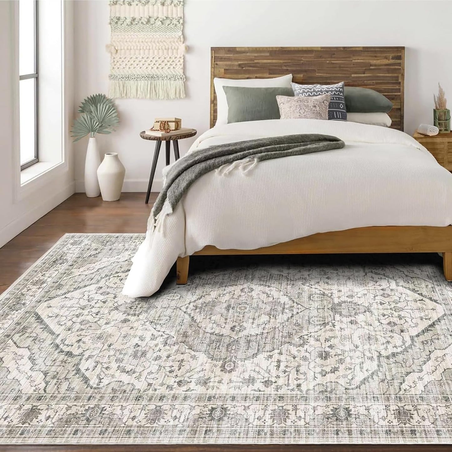Area Rug 4x6 for Living Room - Vintage Machine Washable Soft Indoor Boho Rug for Bedroom Decor, Non-Slip Backing Farmhouse Cream/Grey