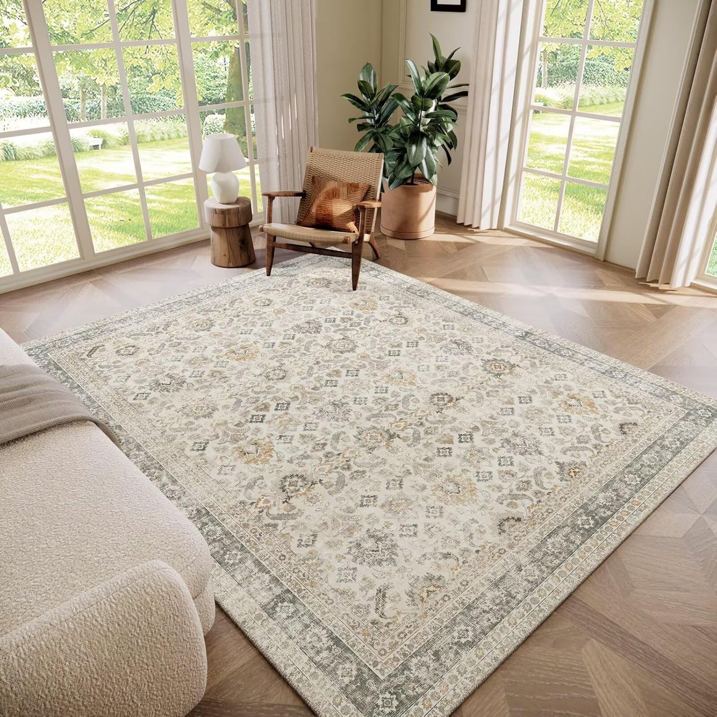 Washable 6x9 Area Rugs for Living Room, Boho Non-Slip Silicone Backing Large Rugs for Bedroom Dining Room Nursery Office, 0.3" Neutral Oriental Throw Carpet with 0.16" Cushioning Pad, Grey/Multi