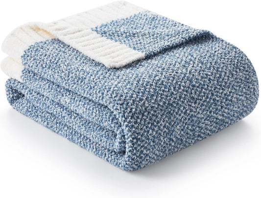 Snuggle Sac Blue Bedding Blanket Twin Size for Bed and Sofa, Reversible Super Soft Blankets Warm Cozy Knit Blankets Fuzzy Plush for Couch, Living Room, Blue, 60x80 inches