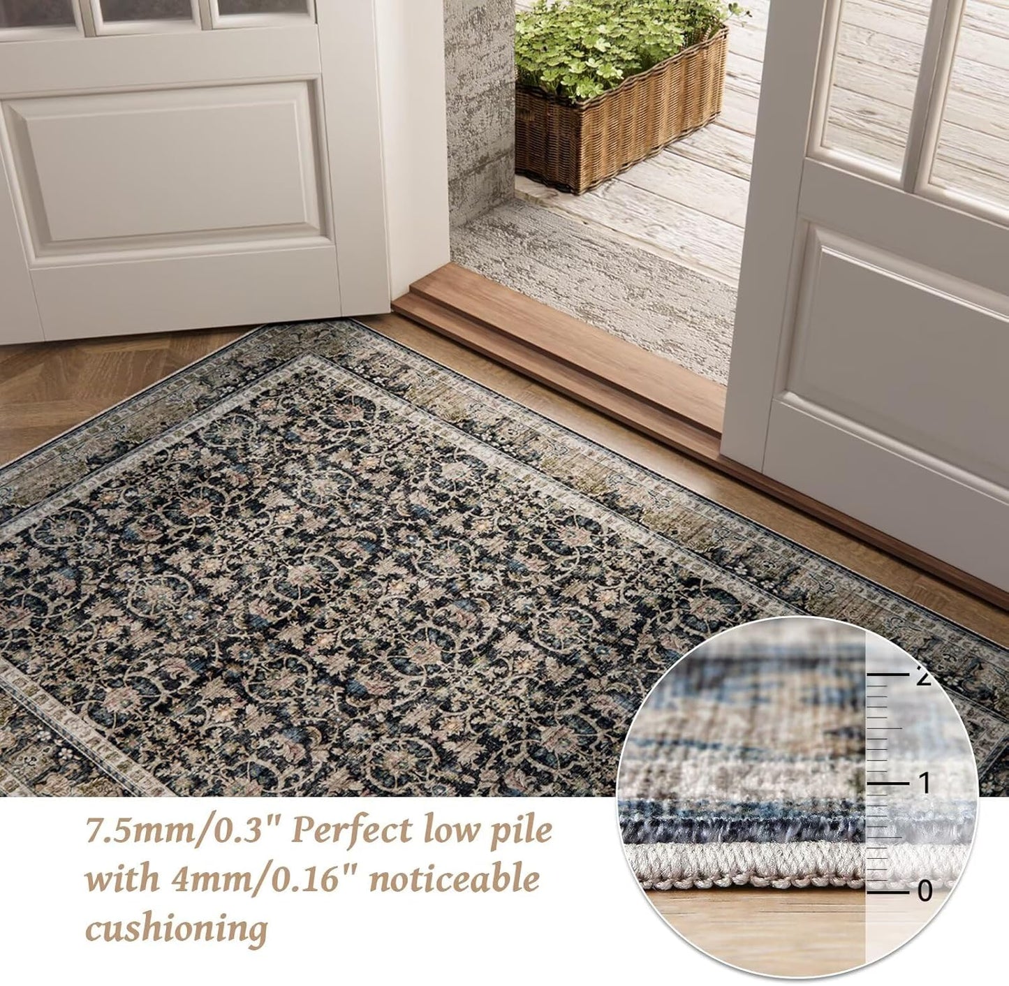 Washable 6x9 Area Rugs for Living Room, Boho Non-Slip Silicone Backing Large Rugs for Bedroom Dining Room Nursery Office, 0.3" Neutral Oriental Throw Carpet with 0.16" Cushioning Pad, Black/Multi