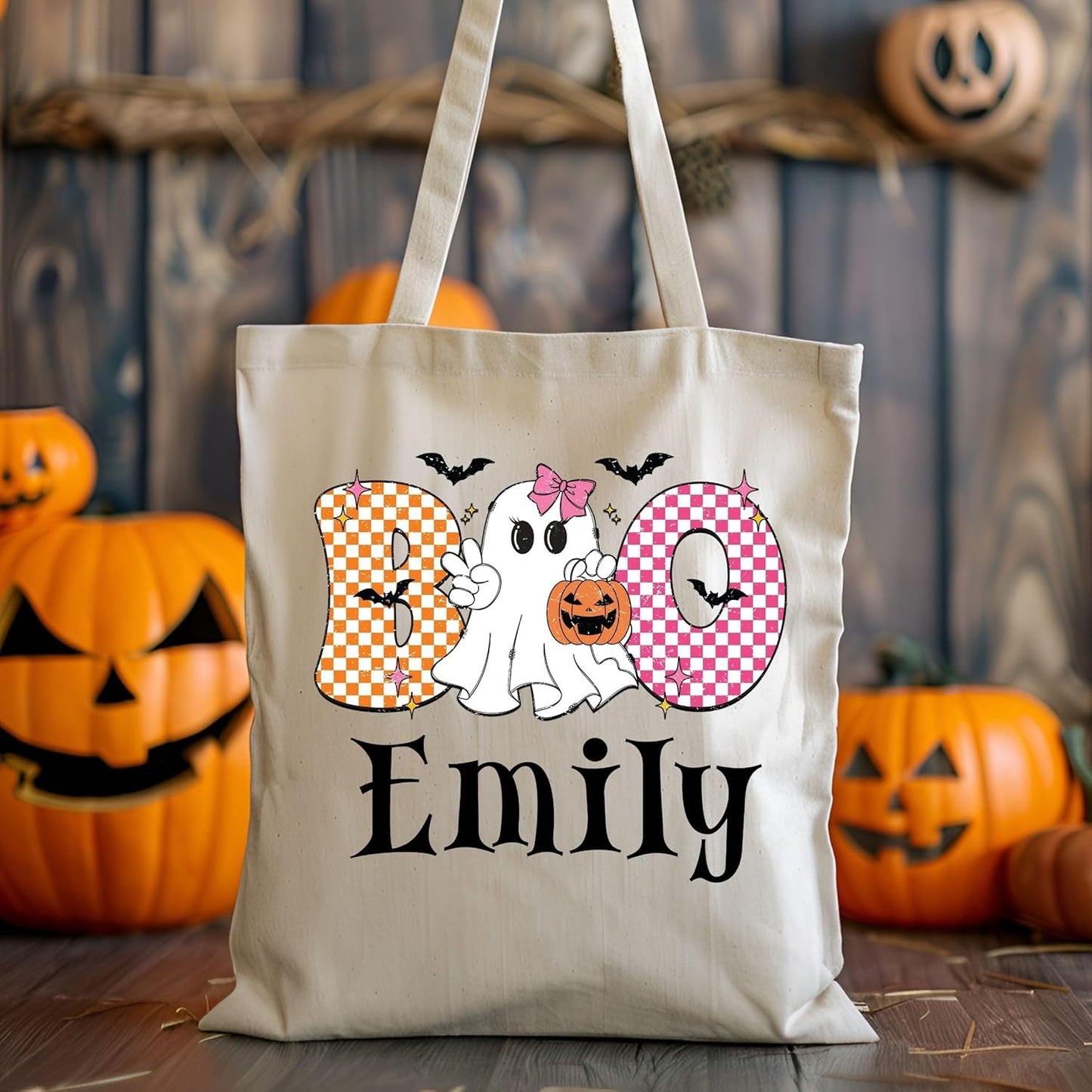 Custom Name Halloween Trick or Treat Bags for Kids Personalized Reusable Canvas Candy Bags for Girls & Boys Spooky Pumpkin Ghost Boo Bag Large 15" x 16" Reusable Candy Totes