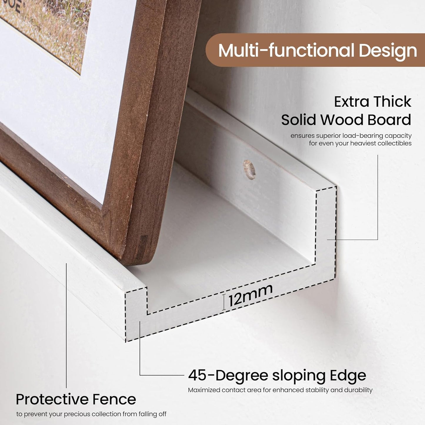 Picture Ledge Shelf, Solid Pine Wood Floating Shelves Set of 2, 36 Inches Nursery Book Shelves for Toys Storage, Kids Bookshelf Wall Mounted for Living Room Bedroom Decor Books Photo Frames, White