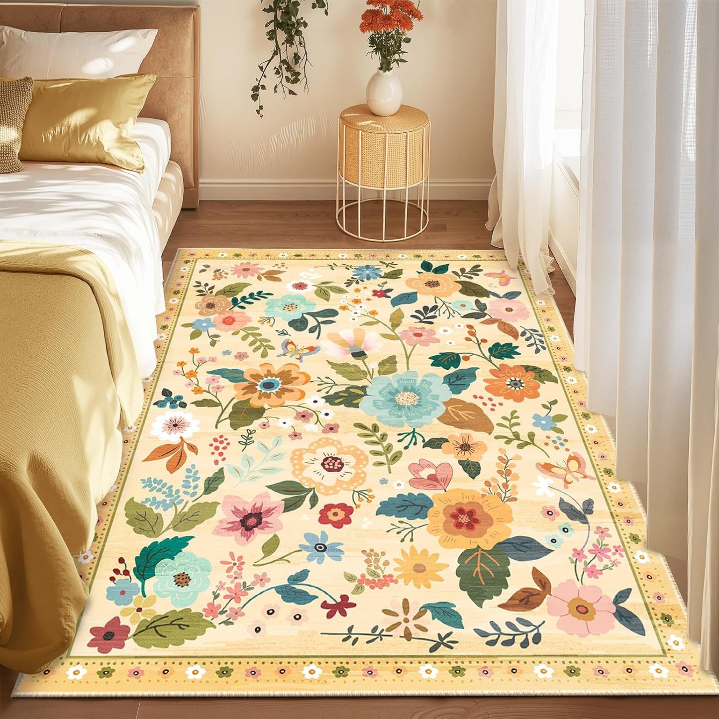 Floral 4x6 Area Rug Machine Washable Soft Print Boho Carpet Non Slip Doormat Low Pile Flower Area Rugs for Living Room Bedroom Nursery Kitchen Dining Room Indoor-Ivory/Yellow