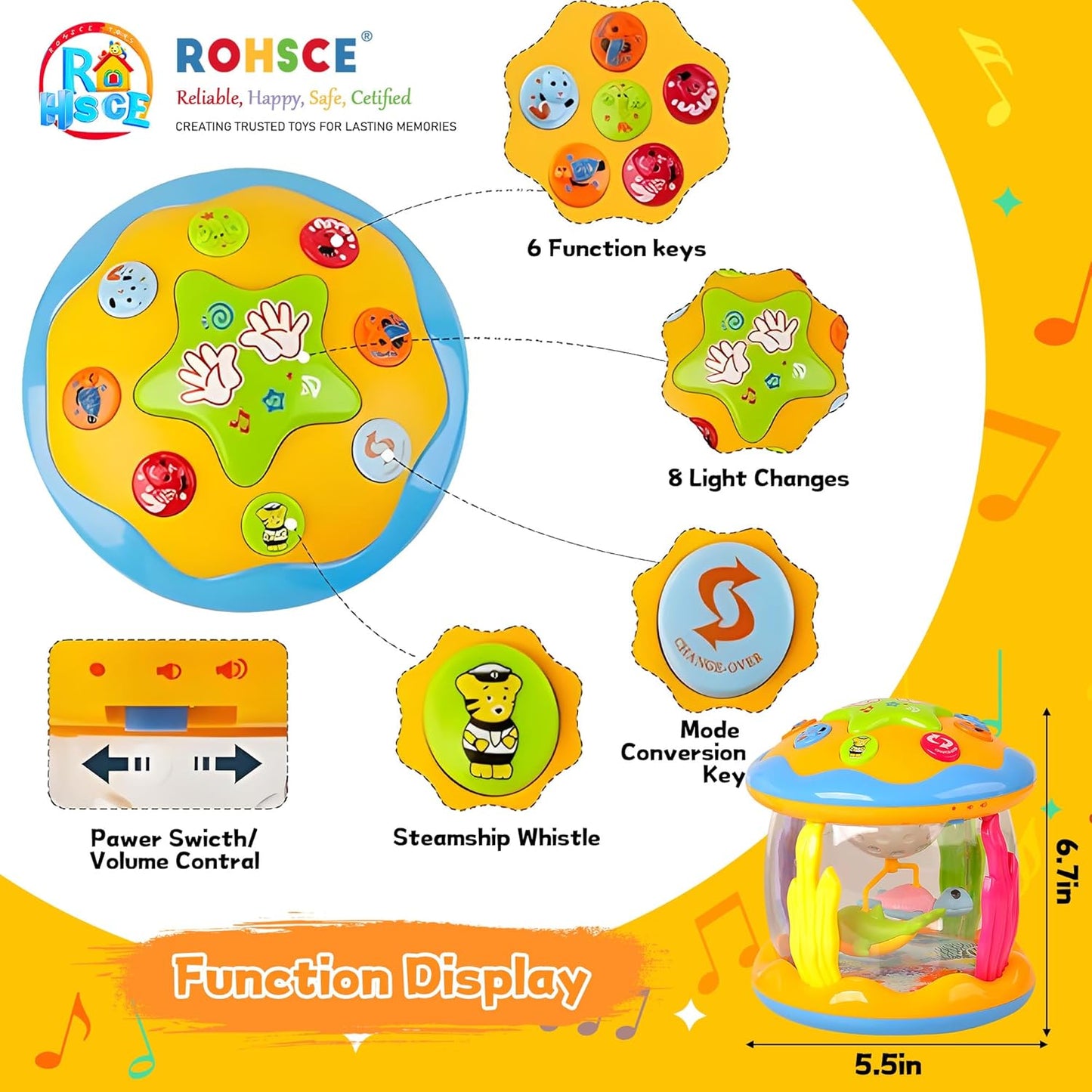 Baby Toys 6 to 12 Months - Musical Rotating Light Up Infant Toys, Early Learning Toys Baby Crawling Drum Toy, Tummy Time Educational Sensory Baby Girl Gifts for Toddlers 1 2 3 Years Old
