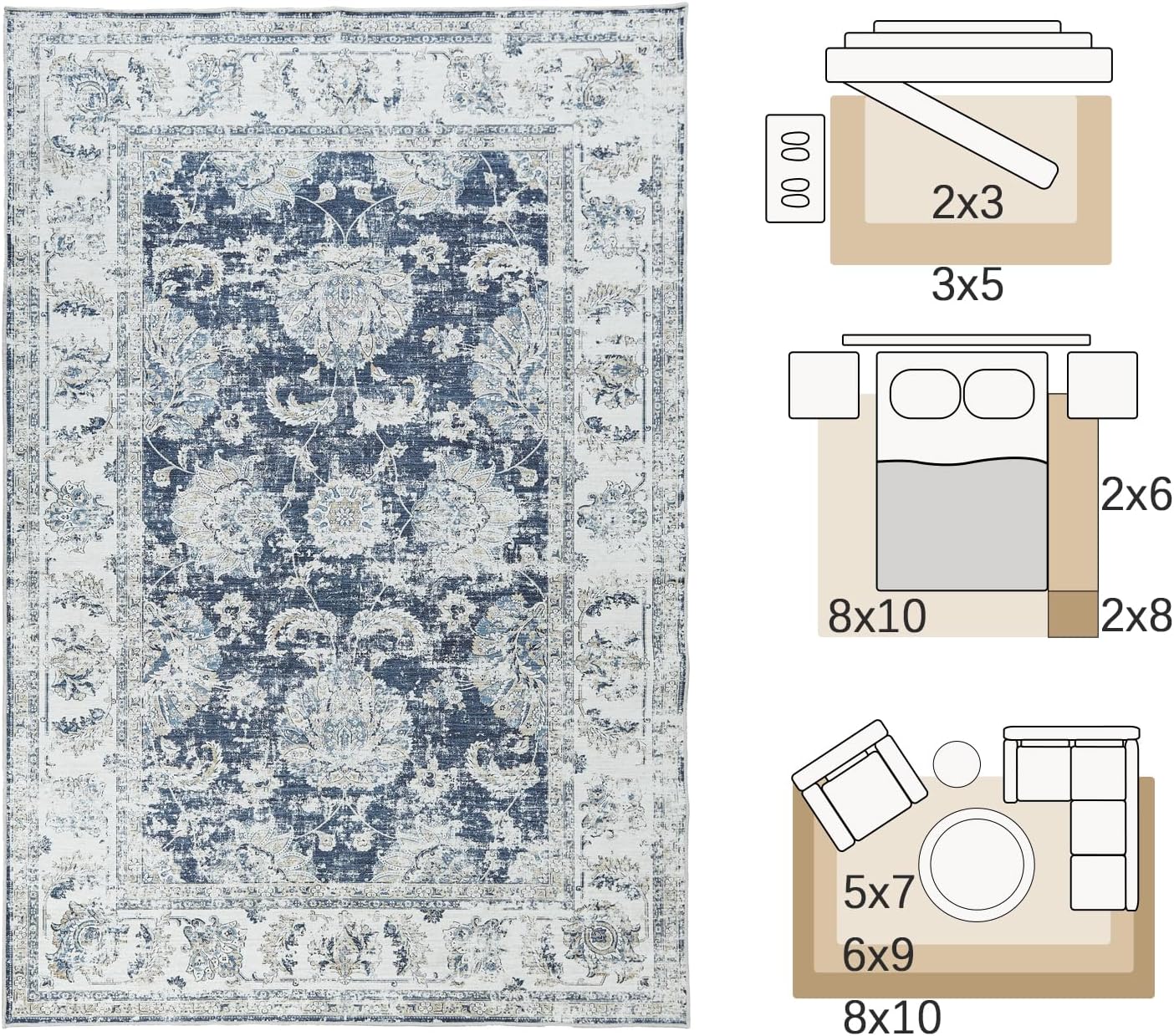 jinchan Vintage Floral 5x7 Area Rugs for Bedroom - Machine Washable Distressed Design Stain Resistant Boho Carpet Ultra-Thin Low Pile Non-Slip Rug for Living Room Dining Room Kitchen (5‘x7',Dark Blue)