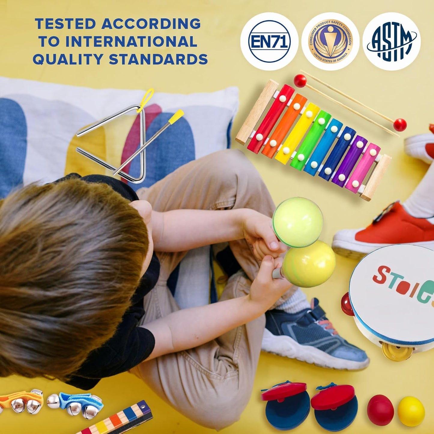 Stoie's Wooden Kids Musical Instruments for 1-5 Years Old, Baby Percussion Toys with Xylophone, Maracas, Tambourine, Durable, Safe to Play, Clear Loud Sound, Bright Rainbow Colors, Storage Backpack