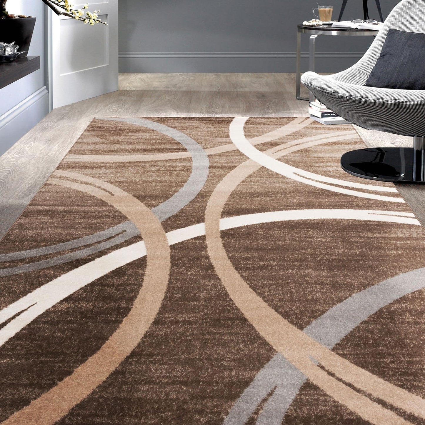 Rugshop Modern Wavy Circles Design Area Rug 6'6" x 9' Brown