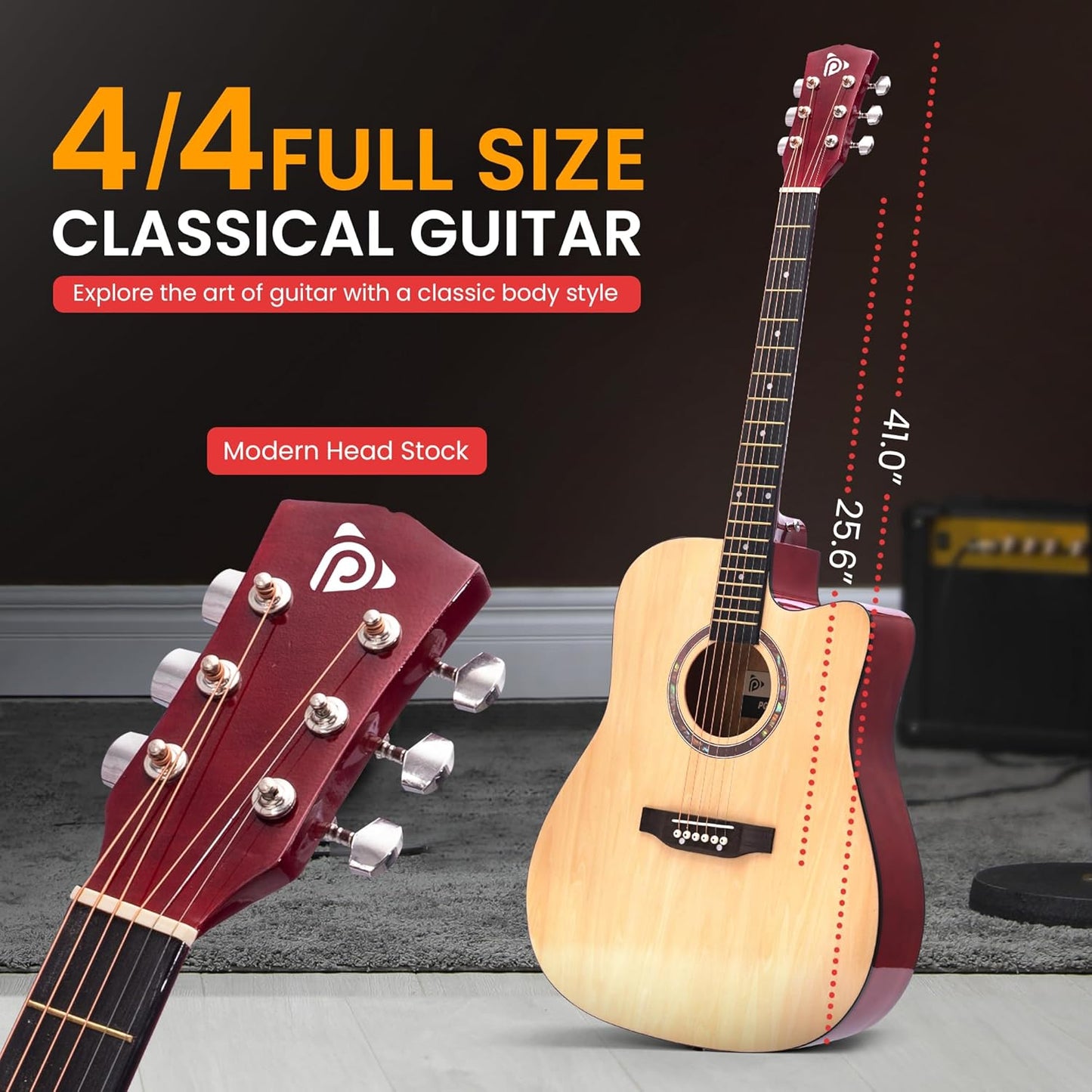 Pyle 41" Acoustic Guitar Standard Full Size 6 String Dreadnought, Matte Finish with Gig Bag, Steel Strings, Picks, Strap, Capo - PGA480NT.X9