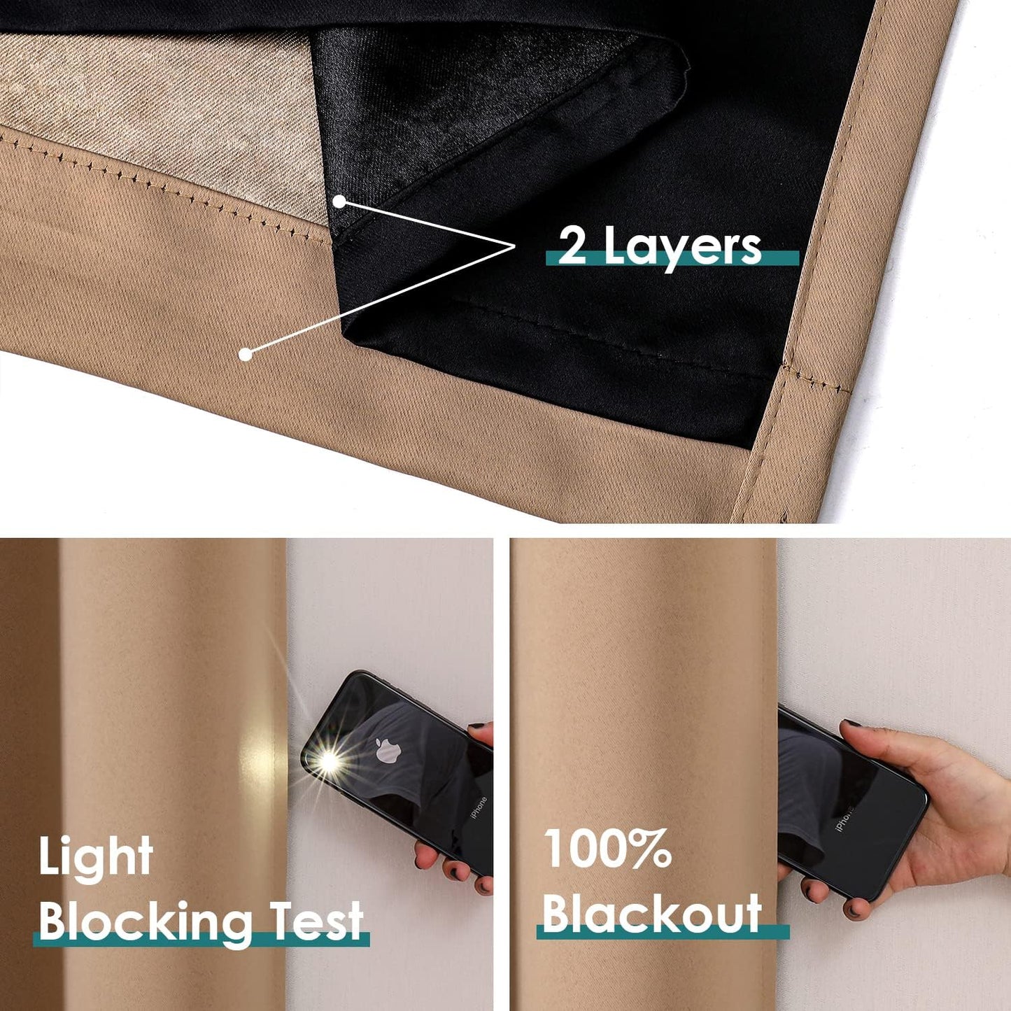 ChrisDowa 100% Blackout Curtains 102 inch Long for Bedroom with Black Liner, 2 Thick Layers Total Blackout Thermal Insulated Grommet Window Curtains 2 Panels Set (Cappuccino, 52 x 102 Inch)