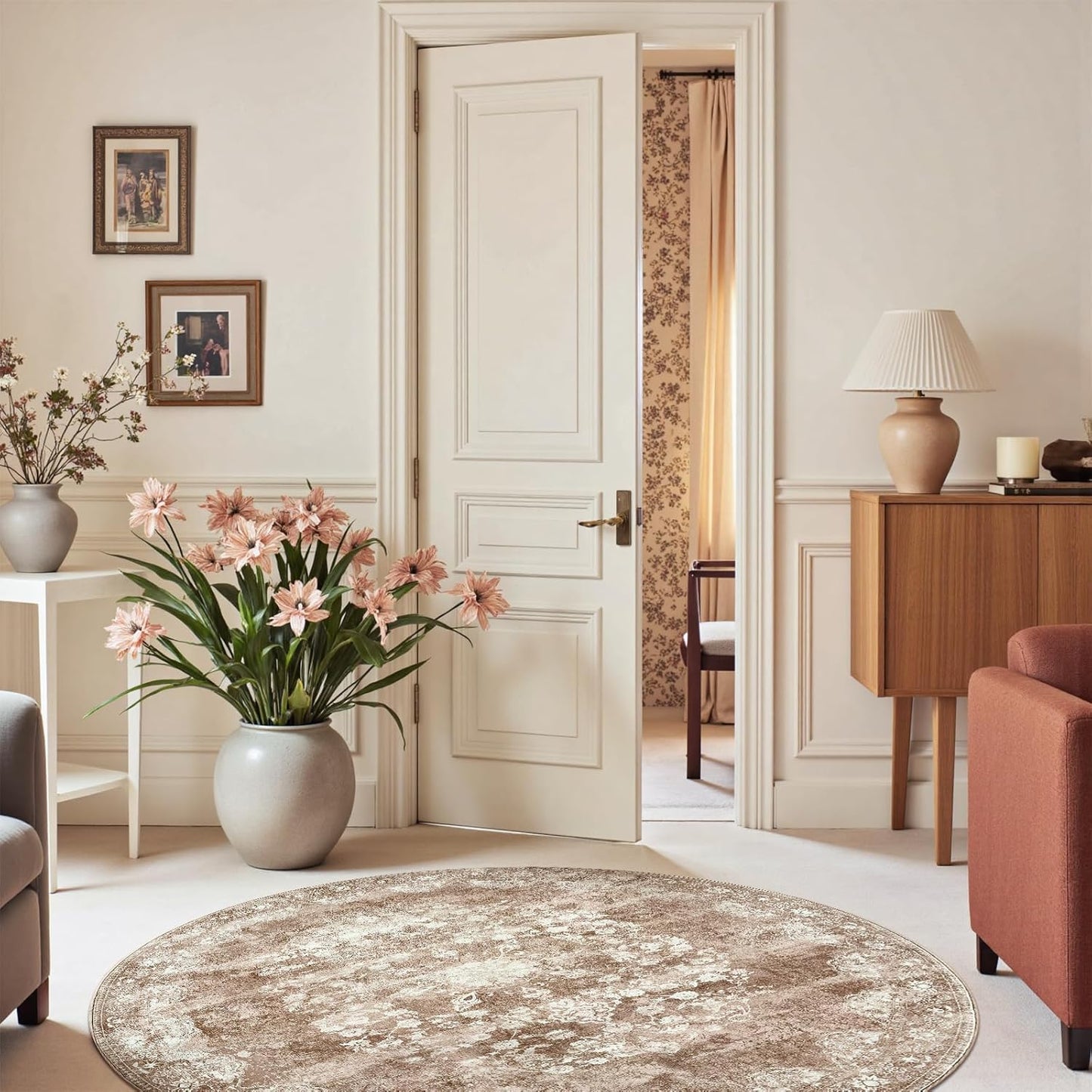 jinchan Round Rug 6ft Area Rug - Brown Vintage Floor Mat Kitchen Indoor - Washable Circle 6' Thin Floral Print Carpet Retro Farmhouse Non Slip Dining Room Living Room Bedroom Office