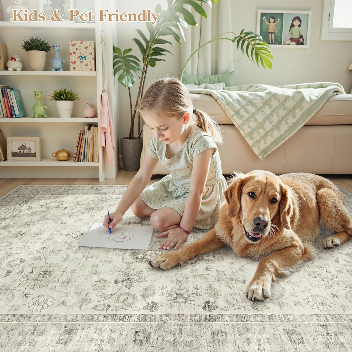 LIVEBOX Washable Area Rug 6x9 Rugs for Living Room Dining Room Under Table, Non-Slip Boho Indoor Carpet for Bedroom, Low-Pile Farmhouse Soft Carpets for Nursery Room Playroom, Taupe