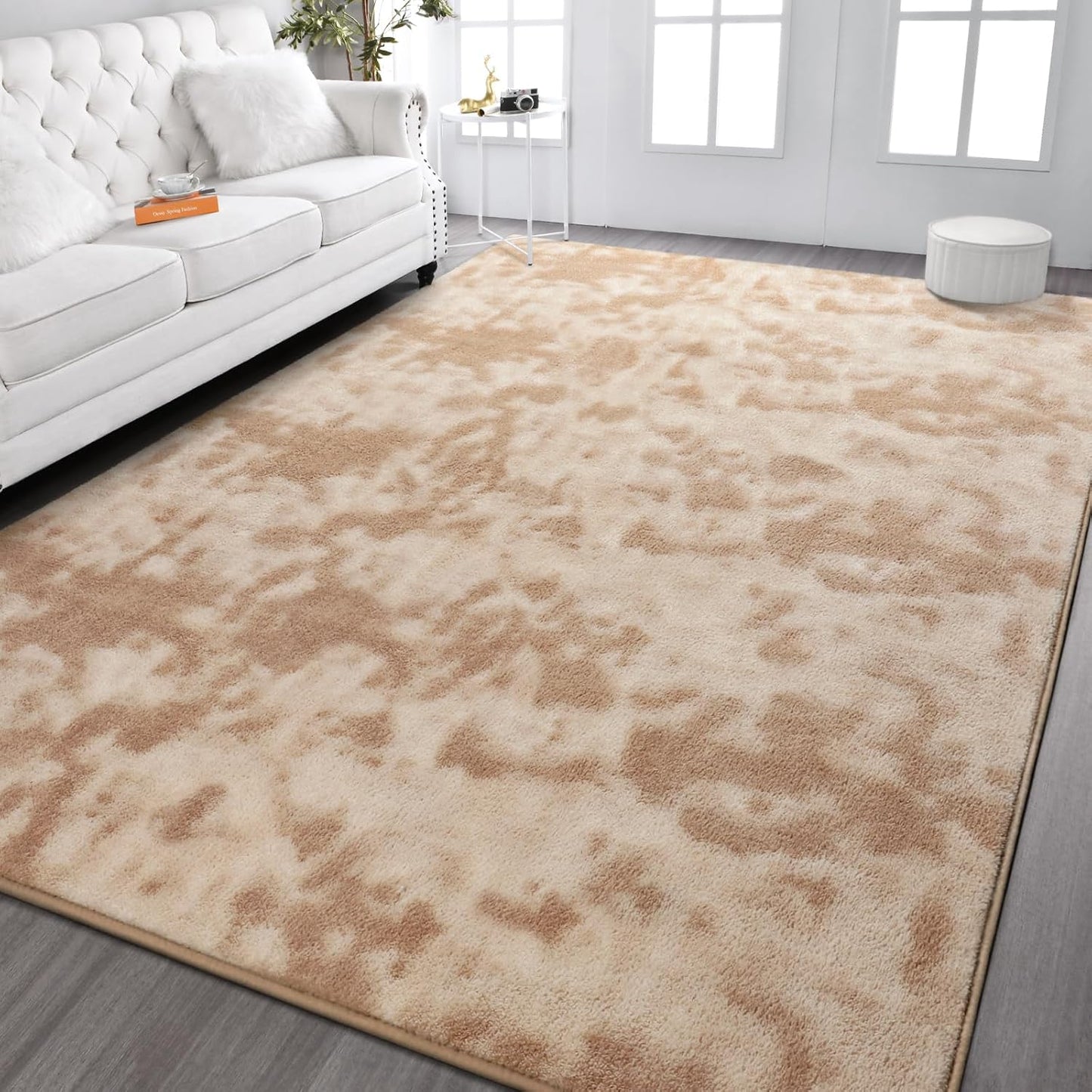 Kimicole 4x6 Washable Area Rugs for Bedroom Living Room, Low Pile Ulta-Thin Solid Color Rug, Non-Slip Soft Fluffy Carpet for Nursery Kids Room Dorm Room Home Decor (Light Tan)