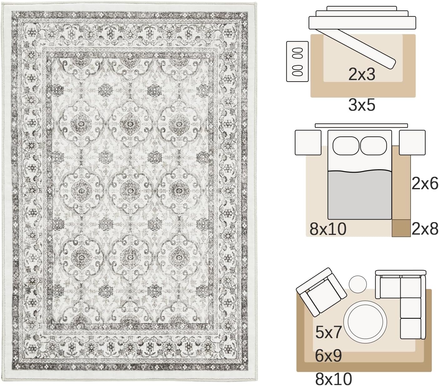 jinchan Floral 3x5 Area Rugs for Entryway - Beige Vintage Distressed Design Doormat Non-Slip Ultra-Thin Low Pile Boho Rug for Kitchen Living Room Bedroom Farmhouse (3‘x5',Beige)
