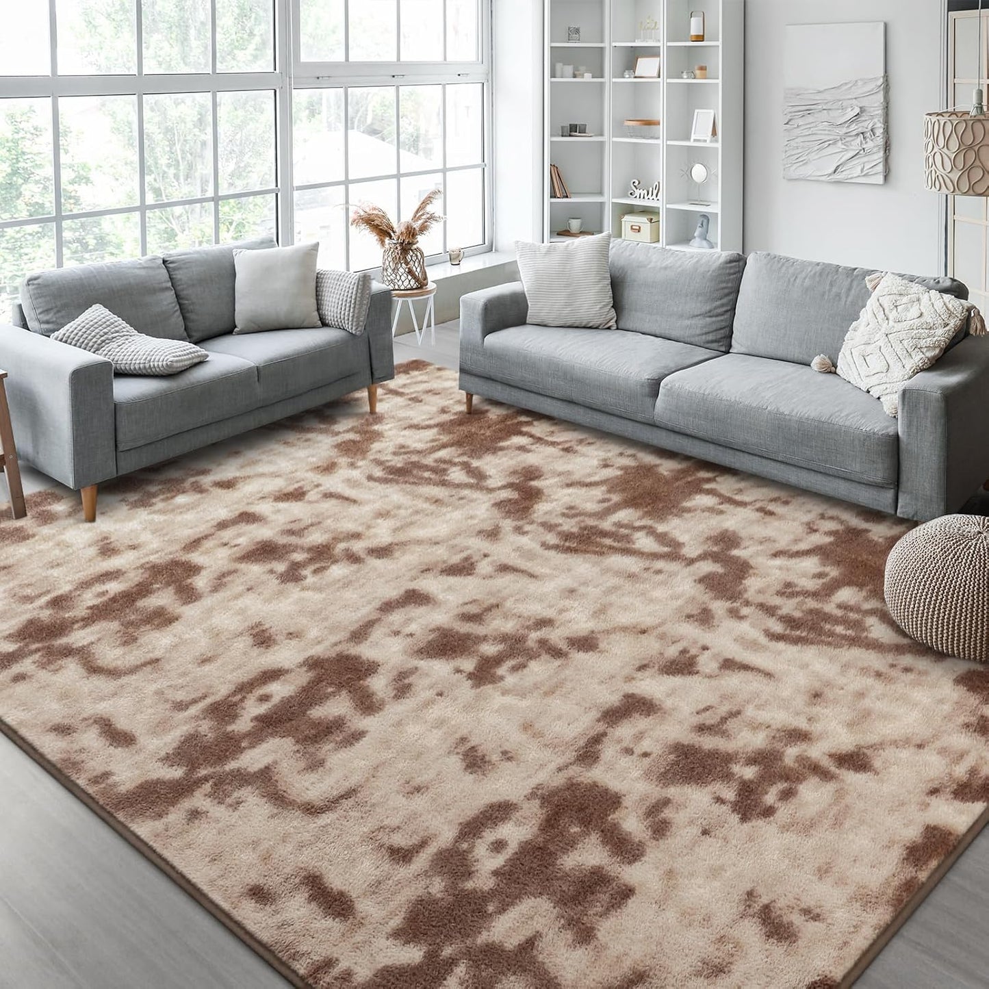 Kimicole 6x9 Washable Area Rugs for Living Room Bedroom, Large Low Pile Ulta-Thin Solid Color Rug, Non-Slip Soft Fluffy Carpet for Nursery Kids Room Dorm Room Home Decor (Brown)