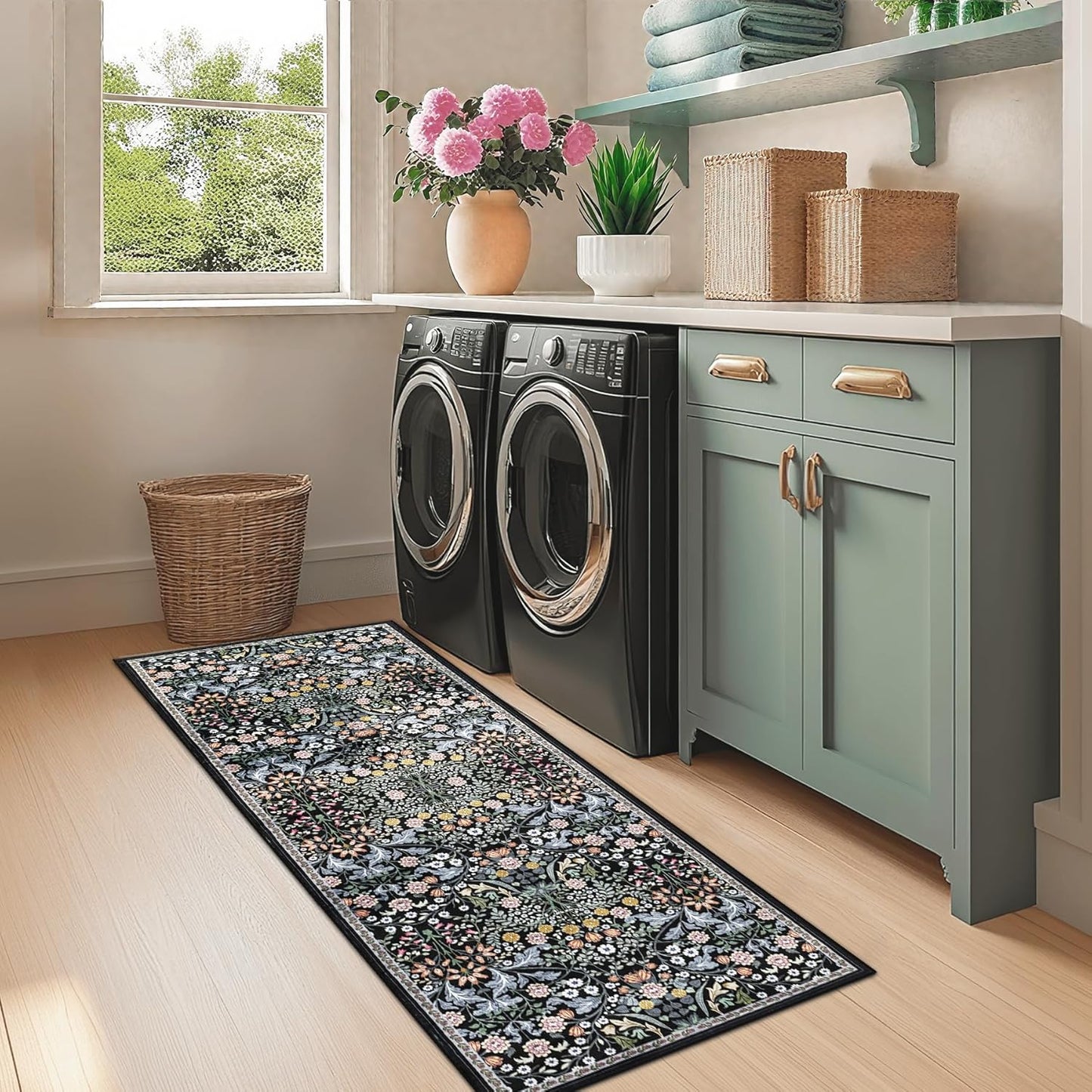 Runner Rug for Entryway: 2x10 Kitchen Rugs Non Slip Washable Ultra Soft Floral Carpet Indoor Stain Resistant Carpets for Hallway Bedroom Kitchen Laundry Bathroom Dorm Dark Black