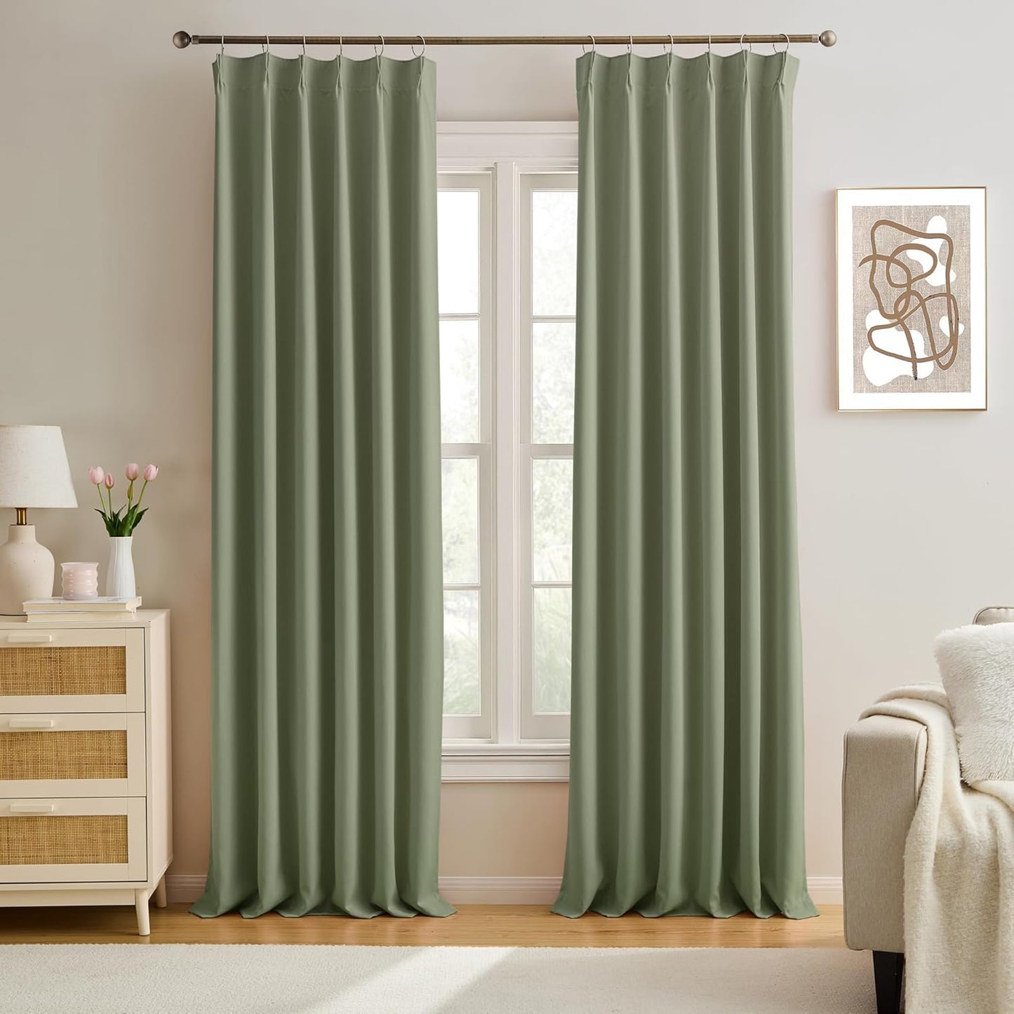 KEQIAOSUOCAI Pinch Pleated Sage Green Blackout Curtains 102 Inches Long, Window Treatment Black Out Curtain for Living Room Darkening Nursery Drapes with Hooks 40x102-2 Panels Set