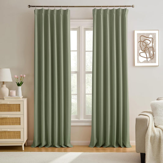 KEQIAOSUOCAI Pinch Pleated Sage Green Blackout Curtains 102 Inches Long, Window Treatment Black Out Curtain for Living Room Darkening Nursery Drapes with Hooks 40x102-2 Panels Set