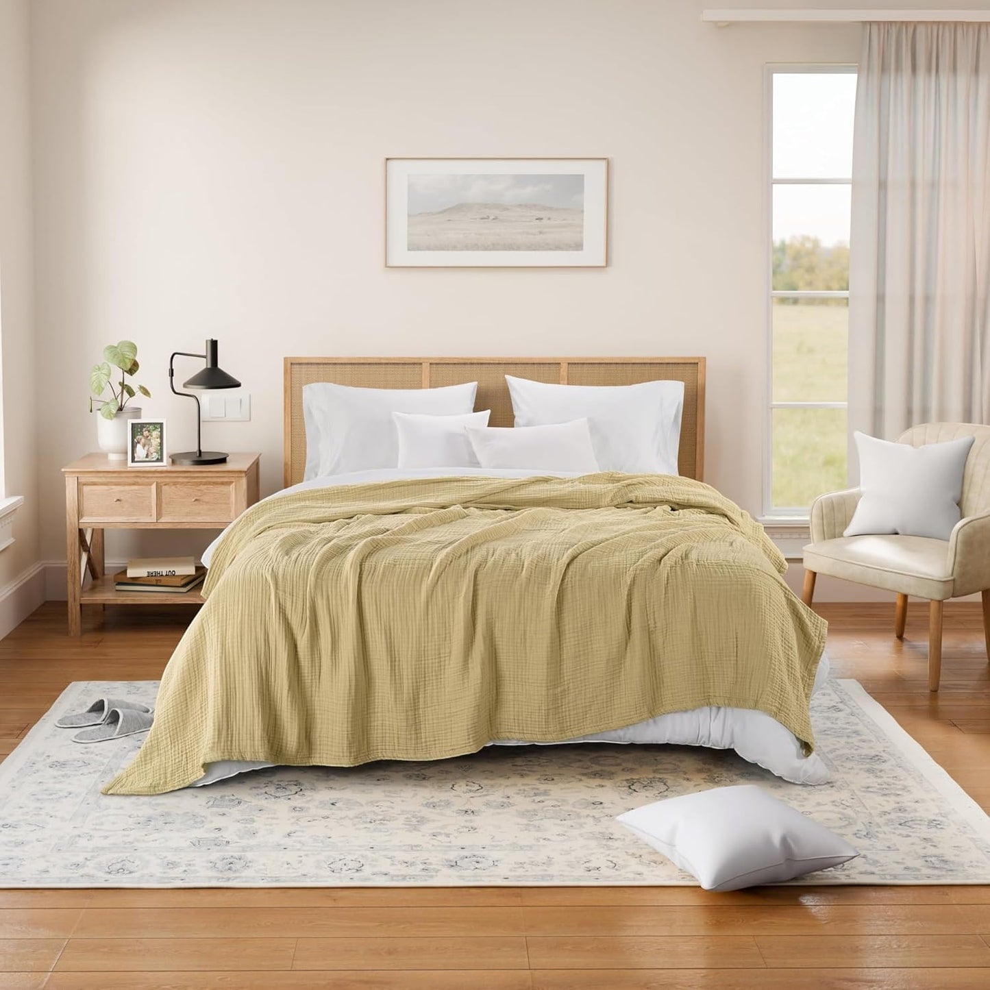Threadmill King Size Blanket | 4 Layer 100% Cotton Gauze | Lightweight, Breathable, and Cozy Summer |Muslin Blanket for Couch, Bed| Beige