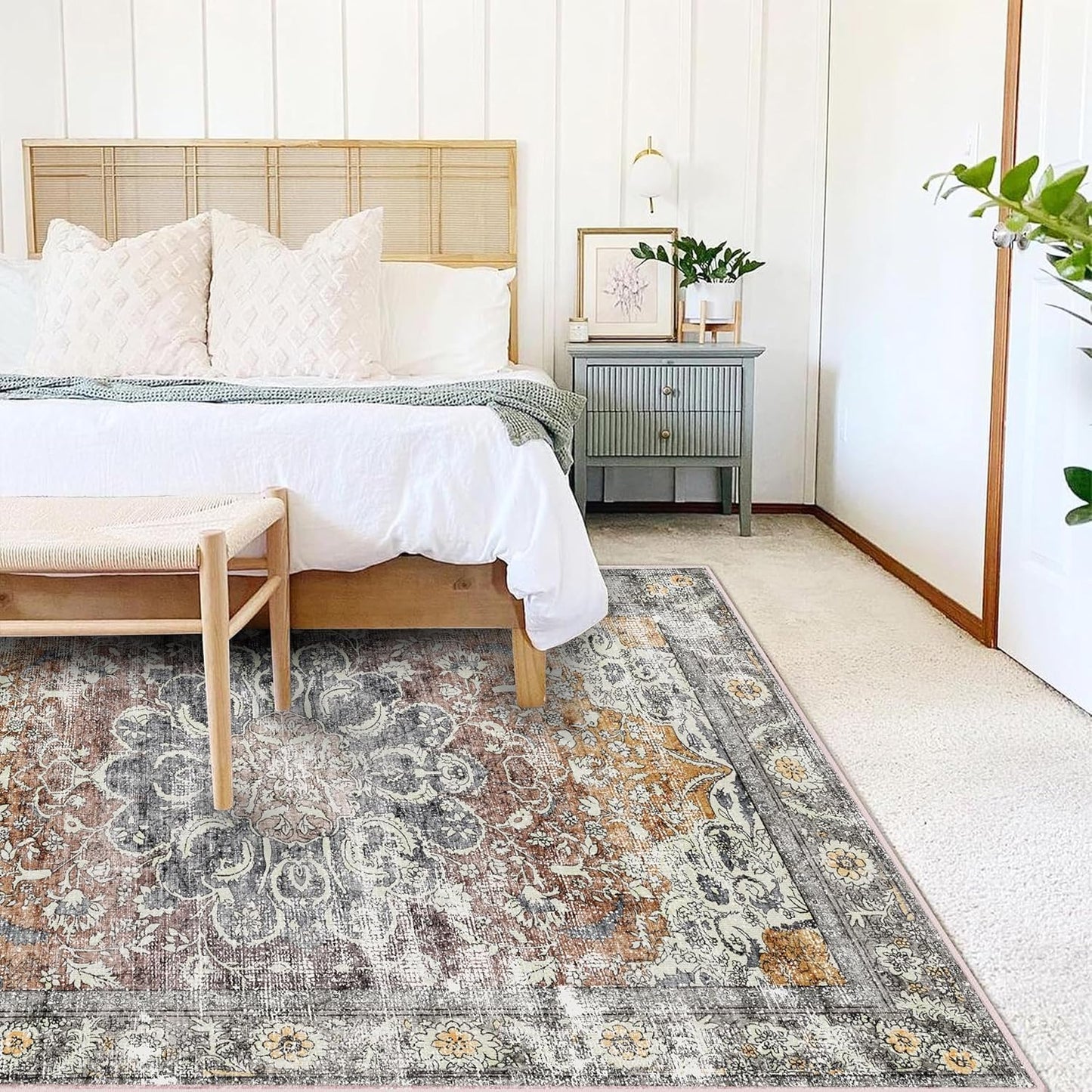 Area Rug 9x12 Washable Taupe Vintage Traditional Mat Distressed Indoor Foldable Thin Retro Accent Floral Non Slip Carpet for Living Room Dining Room Office