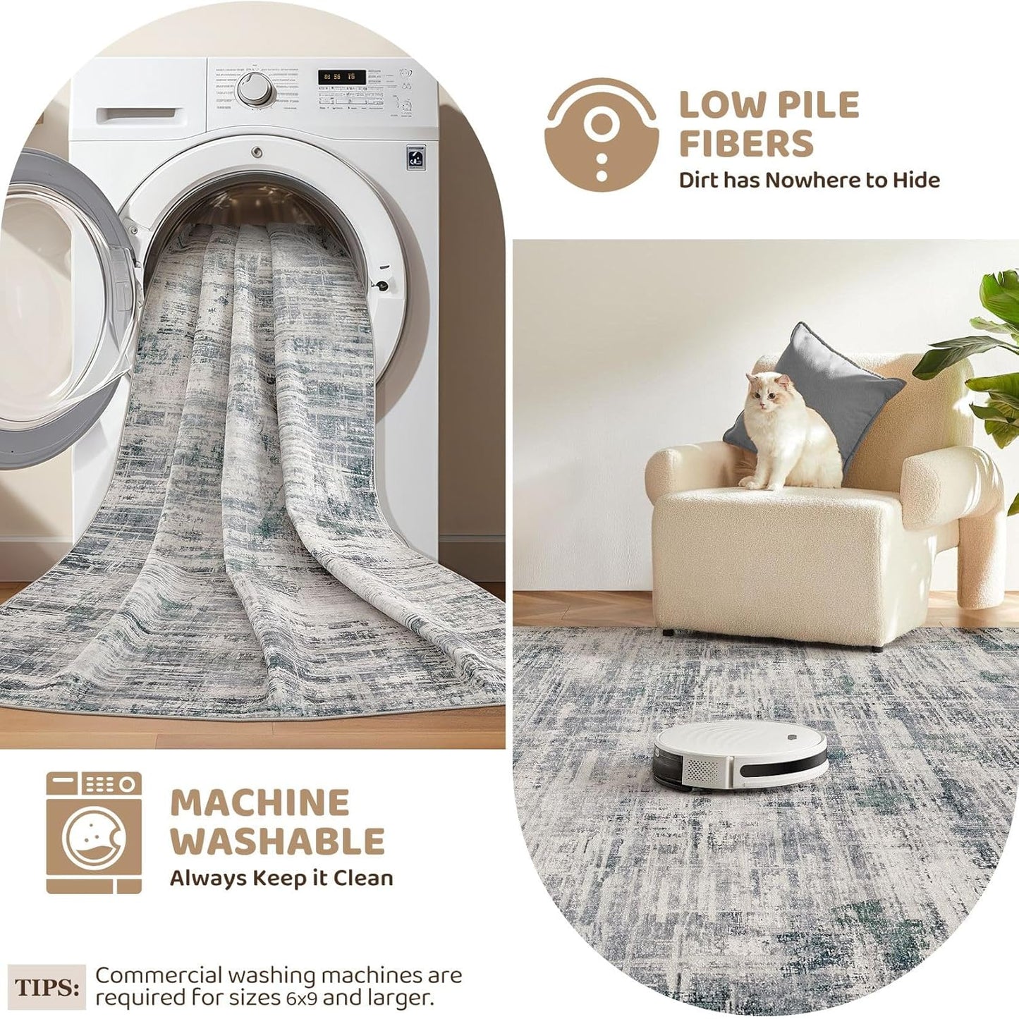 Area Rug for Living Room: 9x12 Washable Neutral Abstract Modern Soft Rugs Non Slip Indoor Floor Stain Resistant Large Carpet for Bedroom Dining Room Office Nursery - Gray