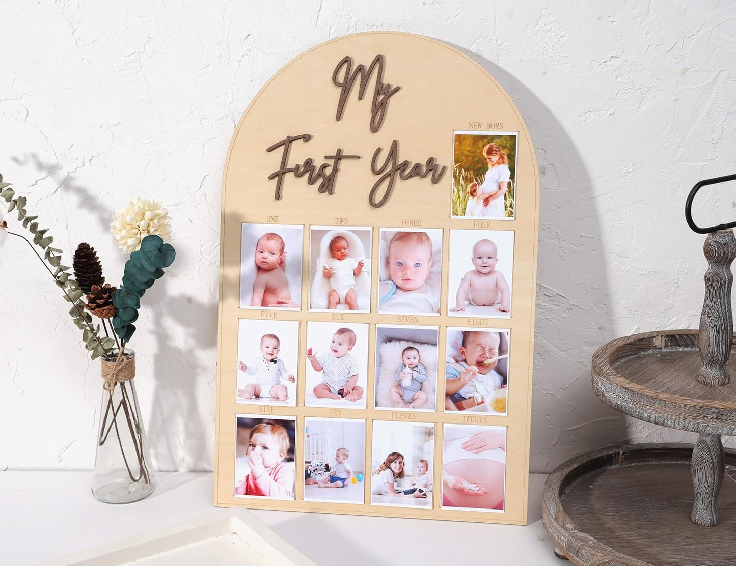 One Year Wood Photo Board - My First Year Month Milestone Board, Girl/Boy 1st Birthday Decorations, 12 Months Banner