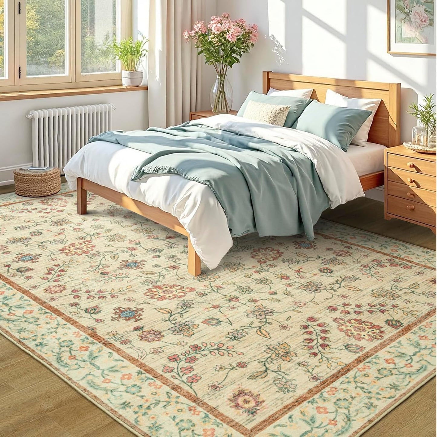LOCHAS Washable Area Rugs 6x9, Beige Floral Rug for Living Room Bedroom Non Slip, Ultra Soft Vintage Indoor Carpet for Kids, Nursery, Dorm, Dining Room, Classroom, Boho Flower Home Decor, Low-Pile