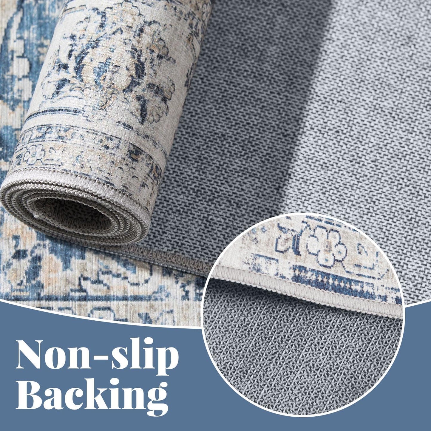 jinchan Hallway Runner Rug 3x8 Machine Washable Runner Rug Dark Blue Vintage Floral Design Non-Slip Low Pile Ultra-Thin for Kitchen Laundry Room Bedroom Farmhouse (3‘x8',Dark Blue)