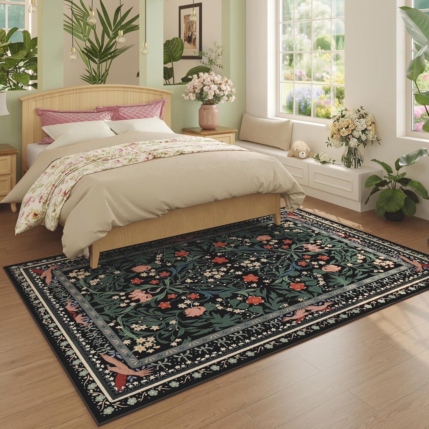 Area Rugs 8x10 for Living Room Clearance Washable Vintage Floral Botanical Rug Non Slip Low Pile Large Rug for Bedroom, Farmhouse, Dining Room, Kids Playroom, Black