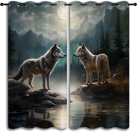 Wolf Blackout Curtains for Boys Girl Bedroom Decor,Moon Mountain Pine Forest Wild Animals Thermal Insulated Grommet Drapes Darkening Window Curtain for Living Room Home 55x63 inch