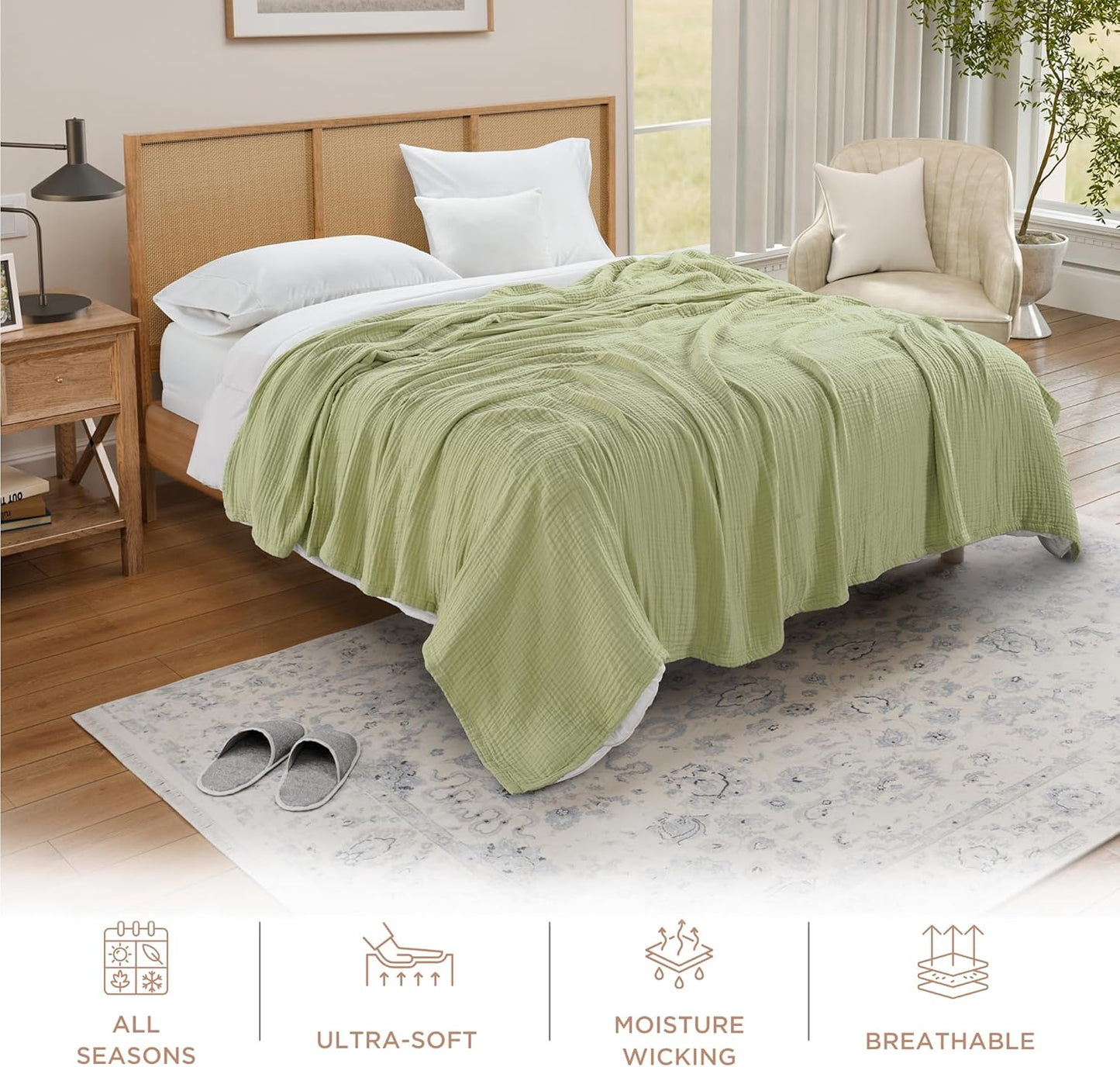 Threadmill Muslin Blanket for Twin Size Bed | 4-Layer Gauze Cotton Throw | Soft, Breathable, and Lightweight for All Seasons | Ideal Blanket or Bed Blanket | Sage Green