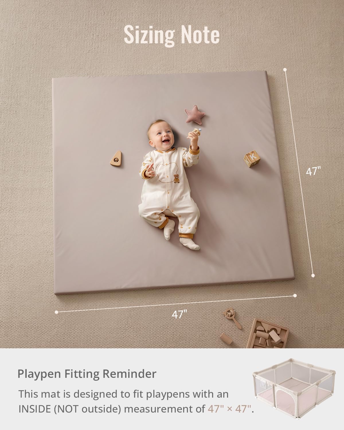 Blissful Diary Vegan Leather Baby Play Mat, 47x47 Thicken Foam Cushioned & Waterproof Playpen Mat for Infants and Toddlers, Stylish and Just Wipe-Clean Playmat for Baby Play on Floor, Brown Gray